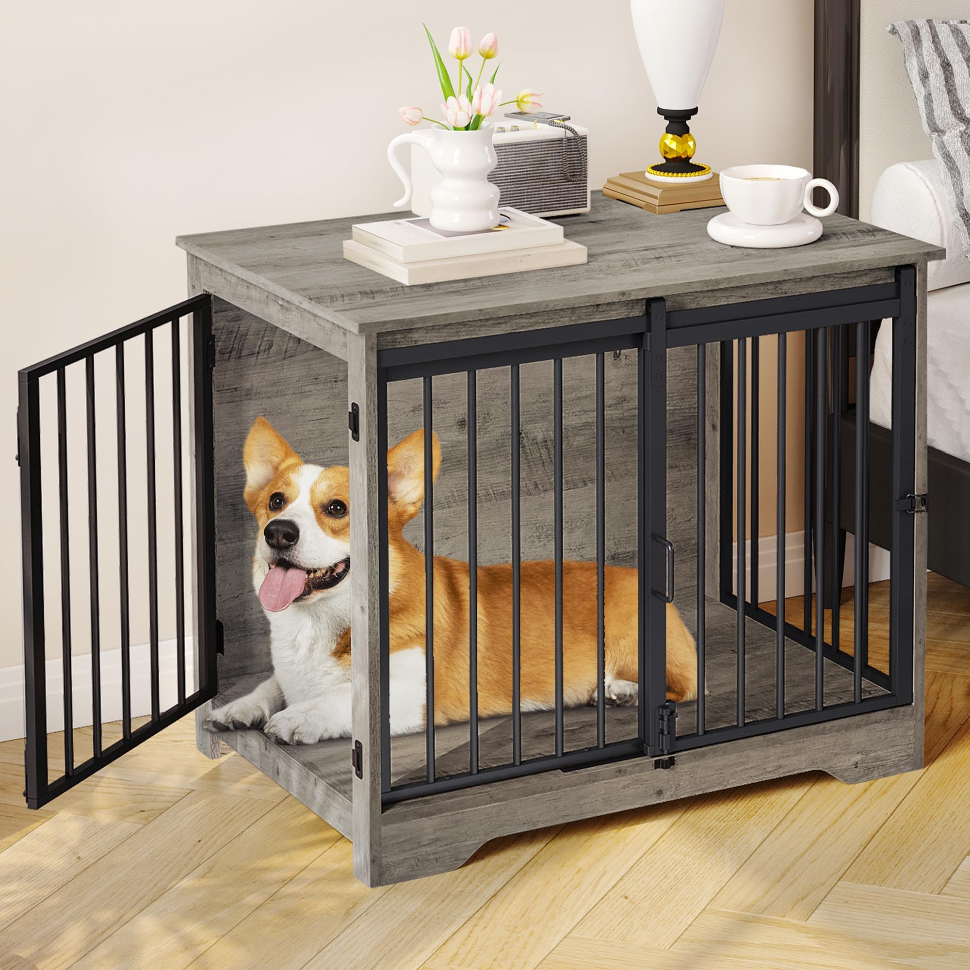 Hzuaneri Dog Crate Furniture, 32 Double Door Dog Crate with Barn Door, Dog Kennel Indoor, End Side Table Wooden Dog Crates for S