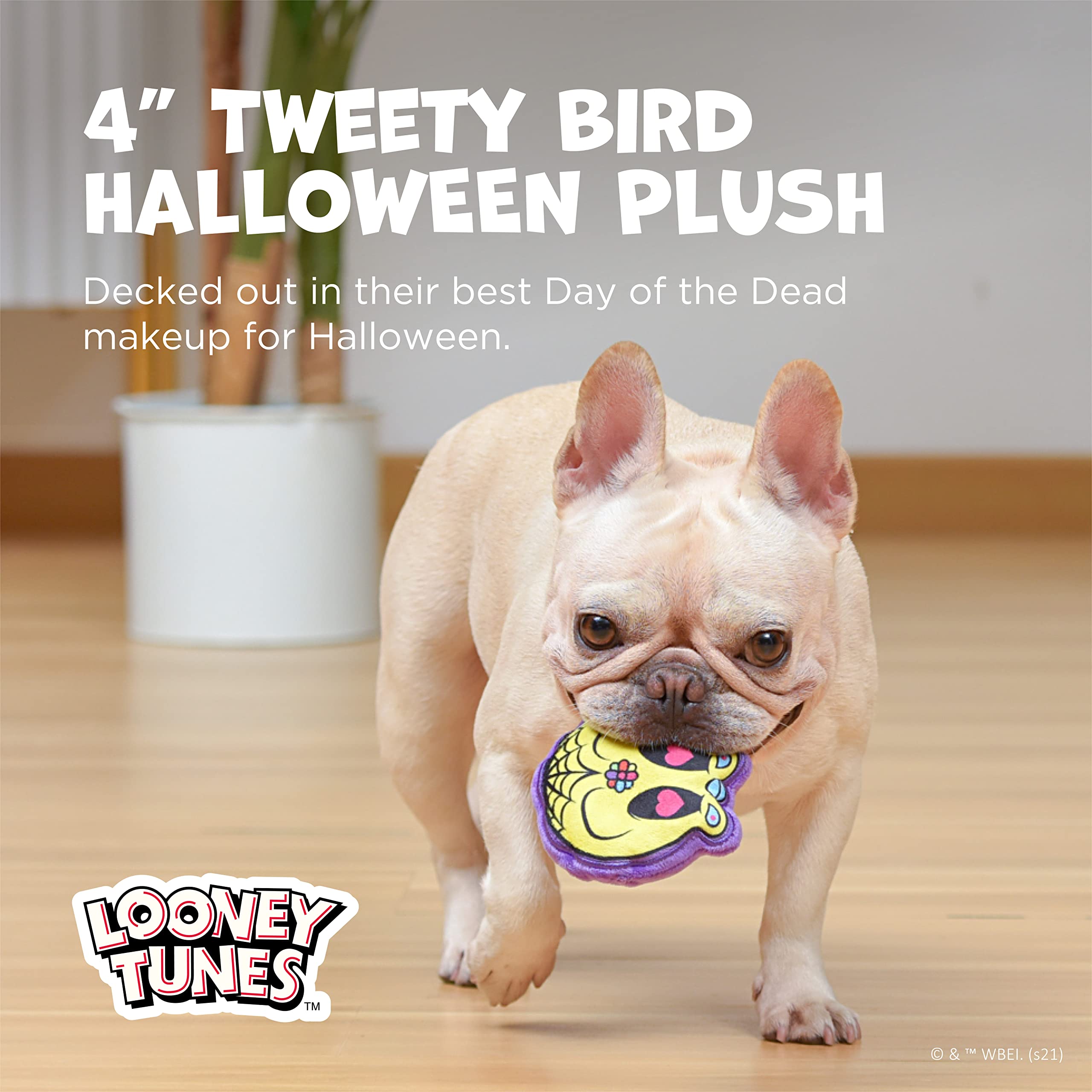 Looney Tunes For Pets Halloween Tweety Bird Silhouette Flattie Style Pet Squeaker Toy With Day Of The Dead Designs| Squeaky Dog Toy | Halloween Dog Chew Toys, 4' (Ff16968)