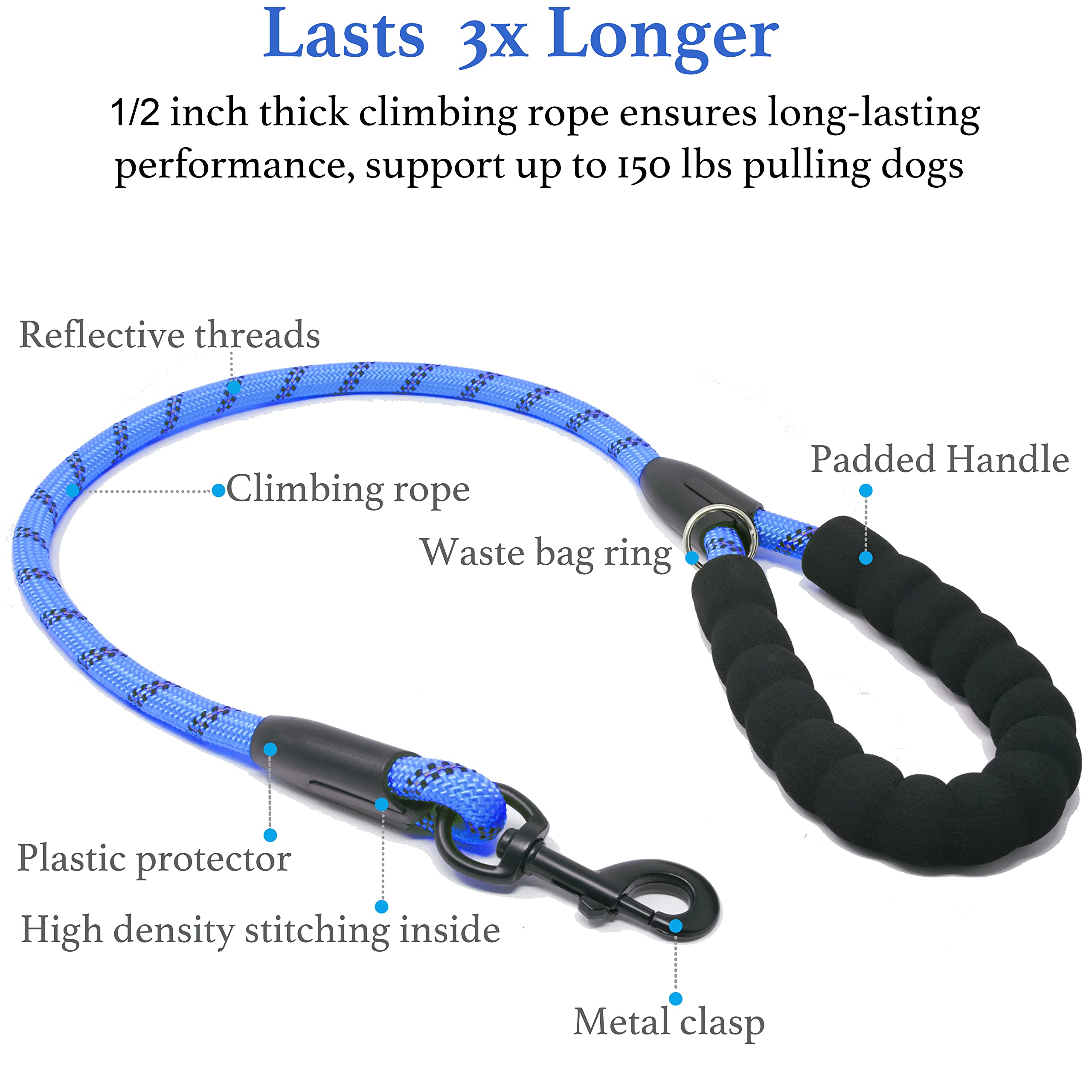 Iyoshop Dual Dog Leash, Double Dog Leash, 360 Swivel No Tangle Walking Leash, Shock Absorbing Bungee For Two Dogs, Royal Blue, Large (25-150 Lbs)