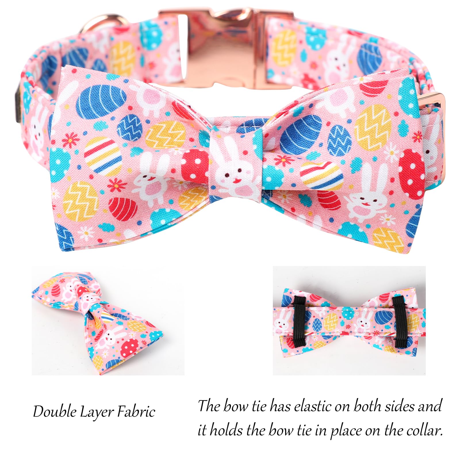Lionet Paws Easter Dog Collar With Bowtie, Pink Dog Bowtie Collar With Metal Buckle,Rabbit Colorful Egg Bow Tie For Dogs, M, Nec