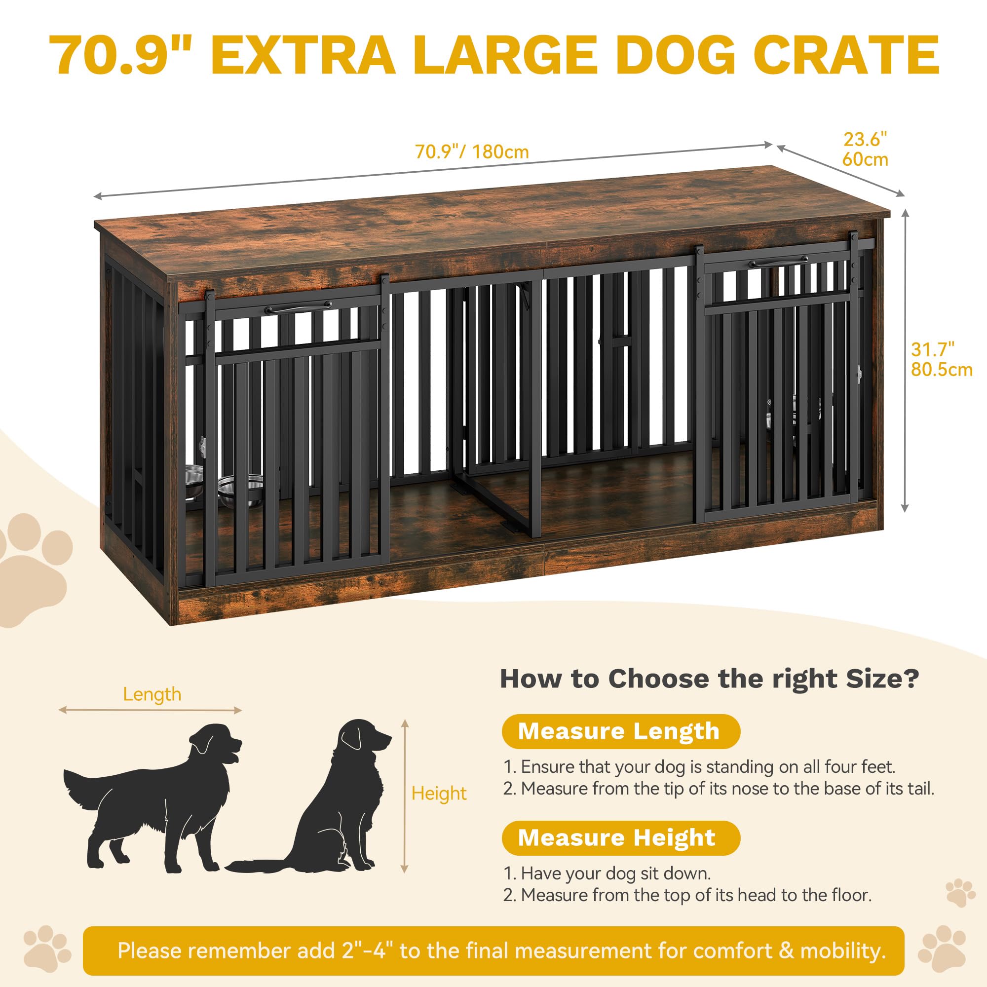DWVO Double Dog Crate Furniture for 2 Medium Dogs, Heavy Duty Engineered Wood, Rustic Brown, 70.9"L x 23.6"W x 31.5"H, Model