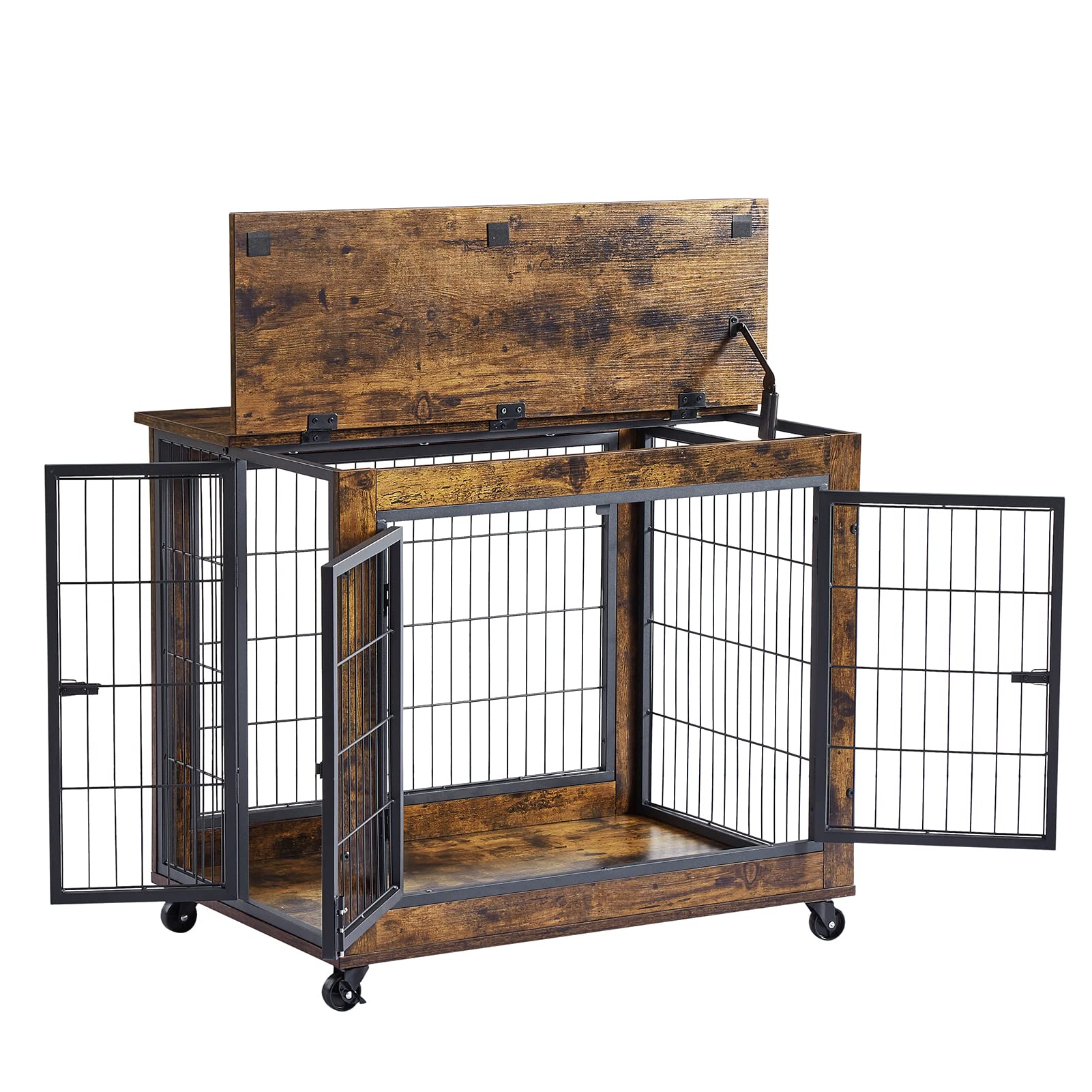 Ichbingo Dog Crate Furniture, Wooden Dog Crate Table, 31.5' Dog Kennel With 3 Doors, Flip-Up Top Opening And Wheels, Decorative Pet Crate Dog House For Medium/Small Dog Indoor Use (Rustic Brown)