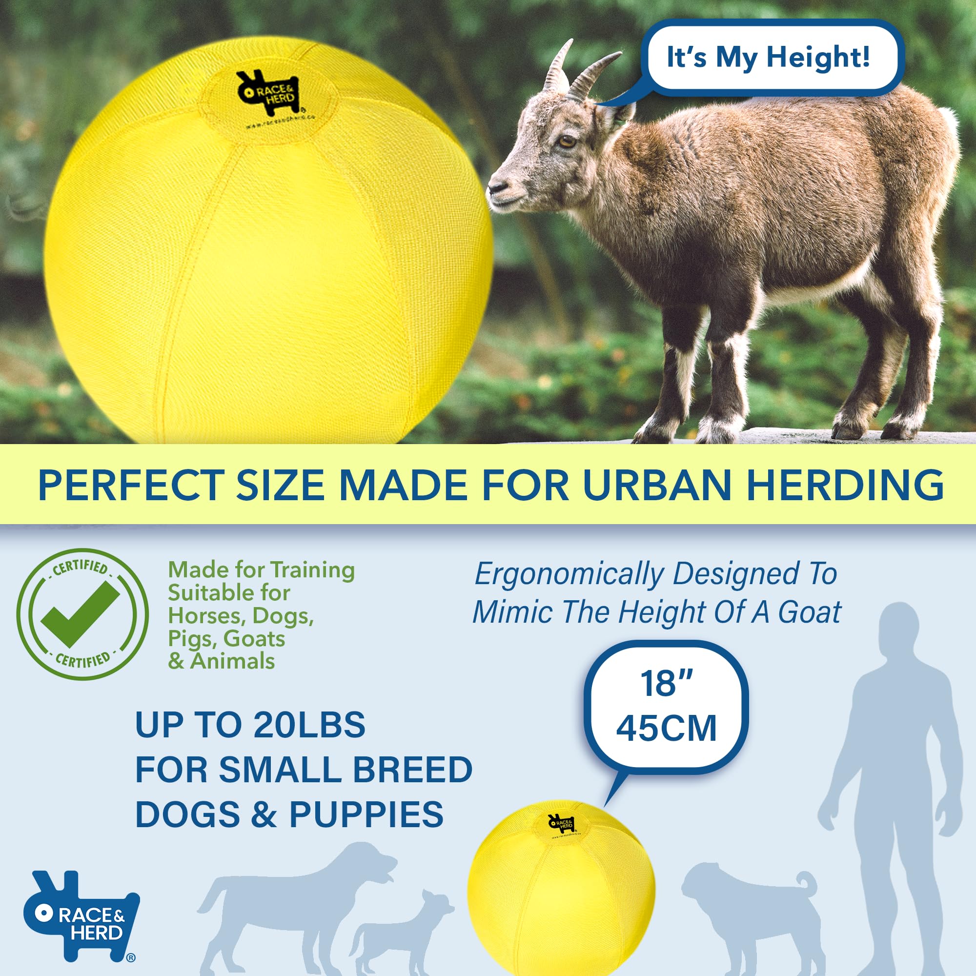 Race&Herd Herding Ball for Dogs - 18" Blue Ball with Cover & Pump, Ideal for Small Dogs and Puppies, Durable Nylon Material