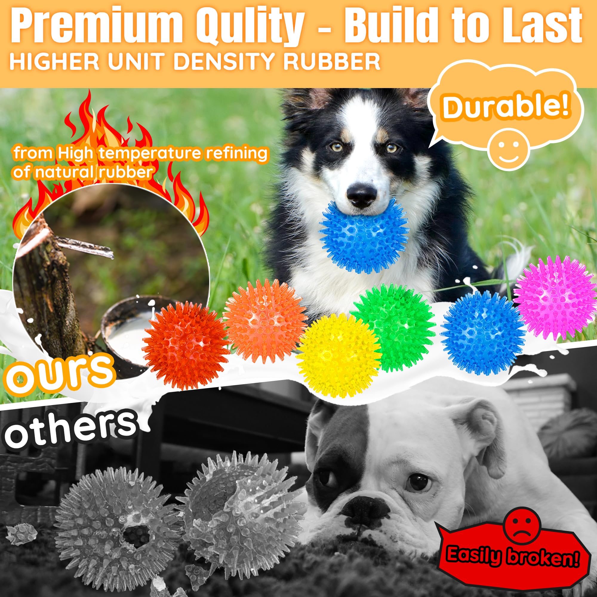LECHONG 6-Pack 3.5    Squeaky Dog Balls, Durable Soft Spiky Chew Rubber Fetch Toy Balls for Large Medium Aggressive Chewers Teet