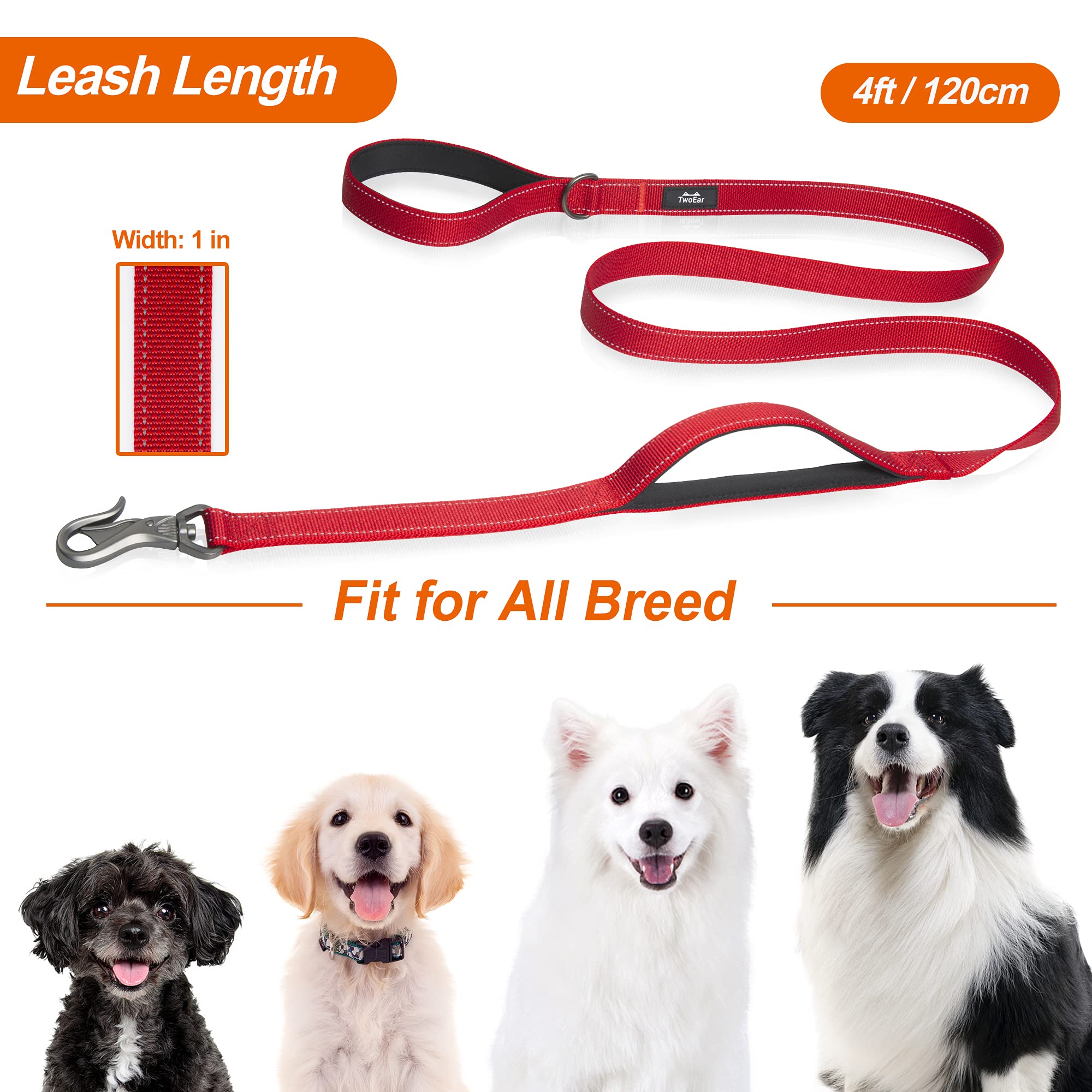 TwoEar Red Dog Leash - 4FT 1IN Nylon with 2 Padded Handles & Traffic Control for Small, Medium & Large Dogs