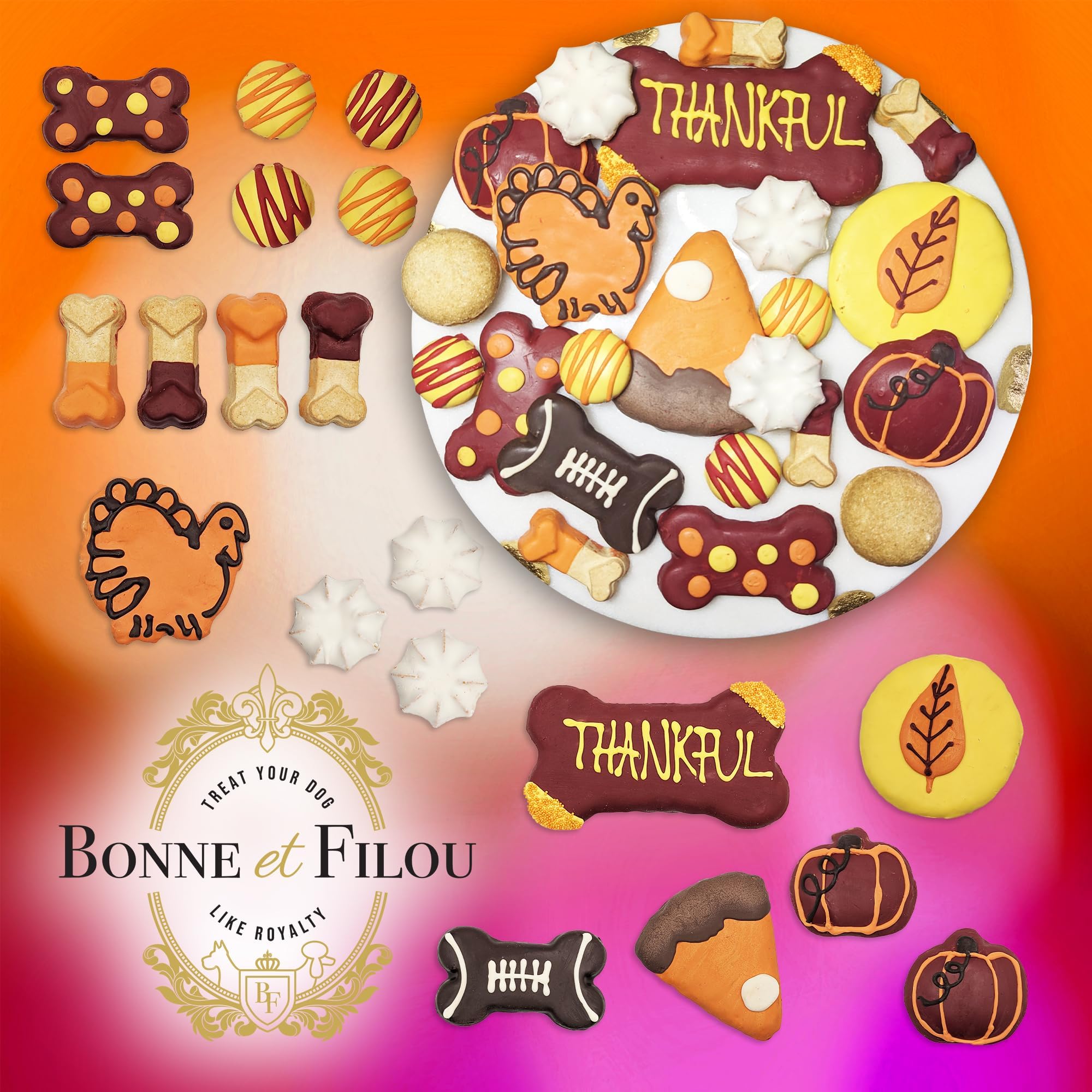 Bonne et Filou Thankful Dog Treats, Gourmet Gift Box, 22 Festive Fall Themed Macarons, Truffles & Bone Cookies, Healthy Snacks f