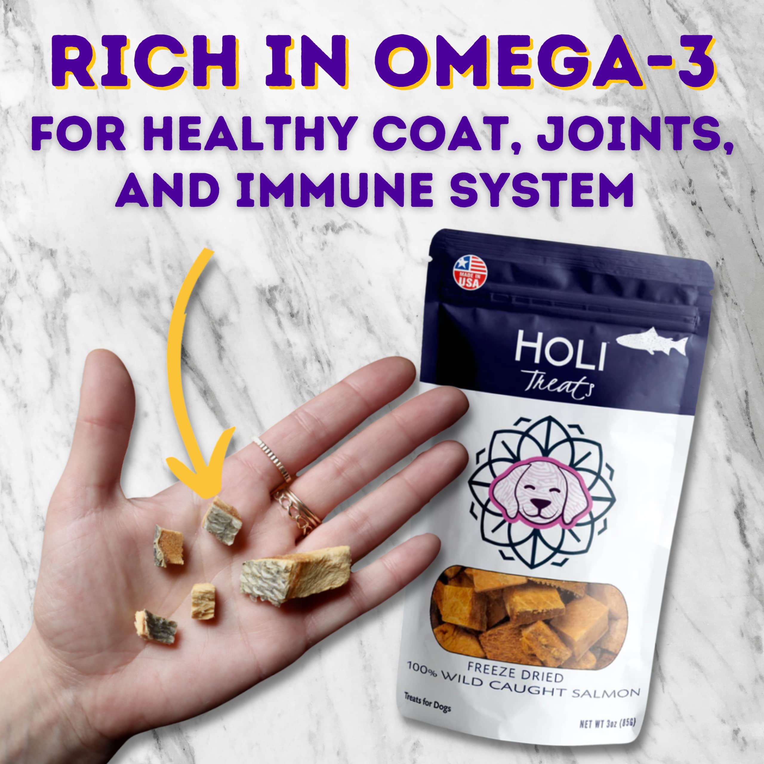 HOLI Freeze Dried Salmon Dog Treats - with Omega 3 and 6 Fish Oil - All Natural - Human Grade - Wild Caught Salmon with Skin - M