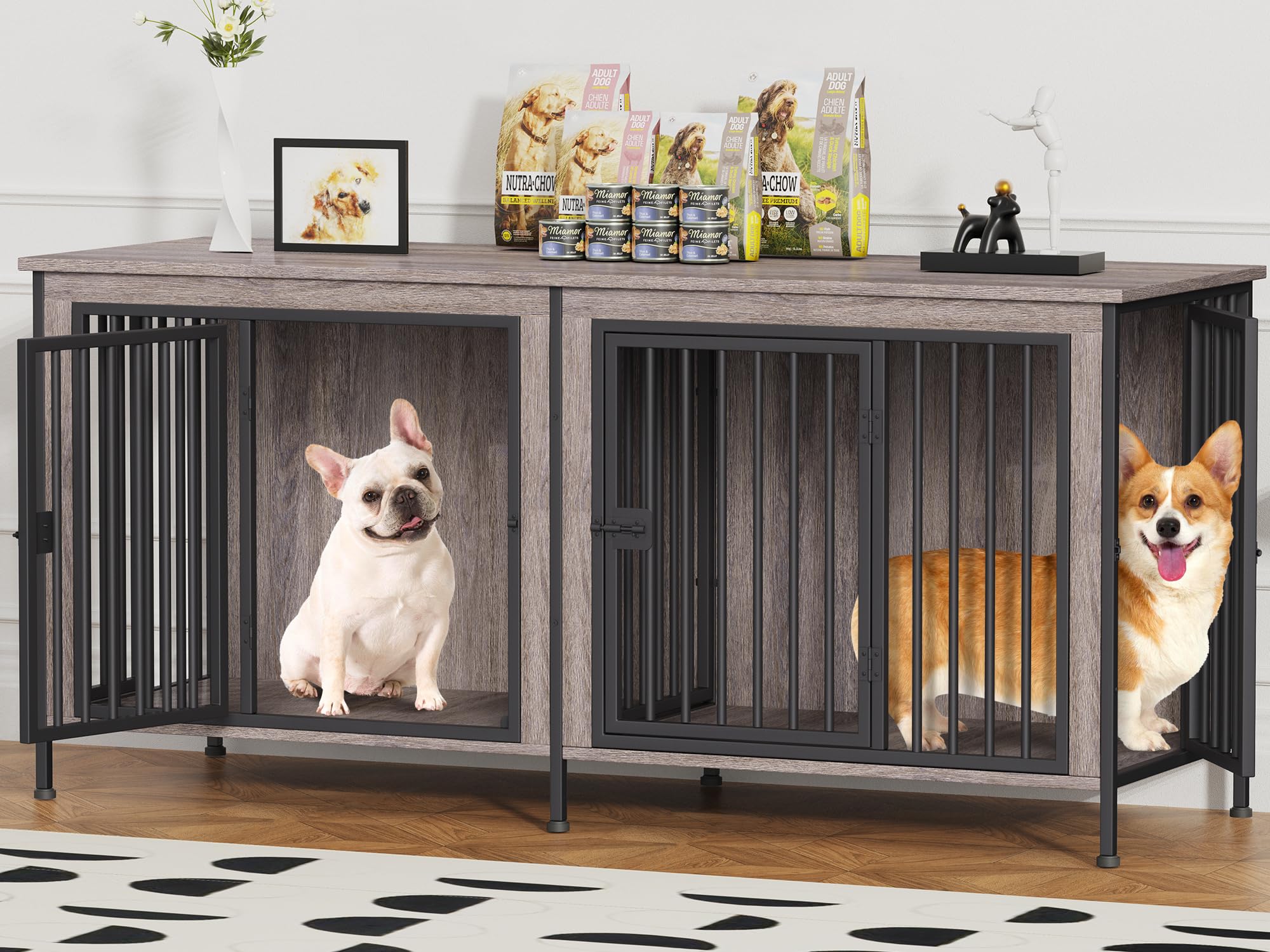 EasyCom 63 Dog Cage Furniture for 2 Pets with Divider, XL Wooden Double Dog Crate Furniture TV Stand for Mideum Breed, Durable a