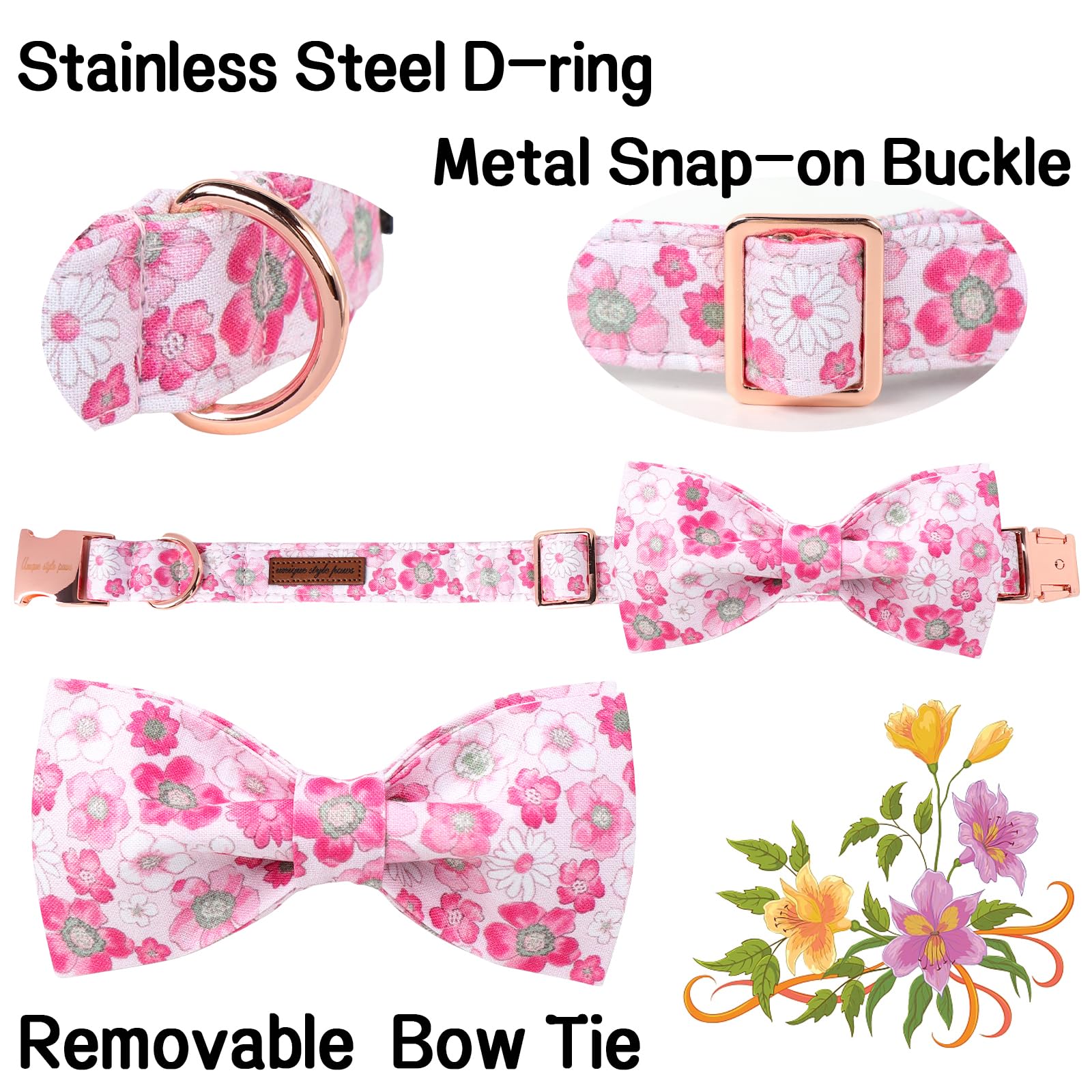 Unique Style Paws Summer Dog Collar With Bow, Lovely Bow Tie Dog Collar,Pink Flower Dog Bow For Girl,Boy Dogs,Cats,L,16-24In