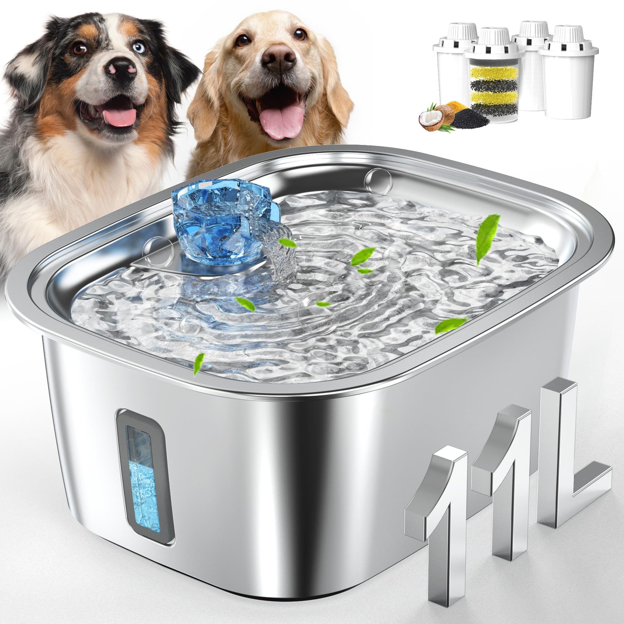 Dog Water Fountain for Large Dogs,3Gal Stainless Steel Dog Fountain Water Bowl Dispenser with 4 Filters Water Level Window,Autom