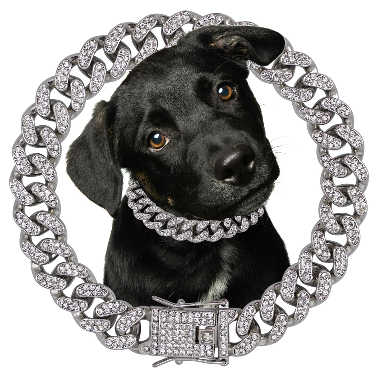 Dog Chain Diamond Collar Silver Walking Metal Chain 12 Mm Wide Necklace With Secure Buckle Pet Cuban Style Collar Jewelry Access