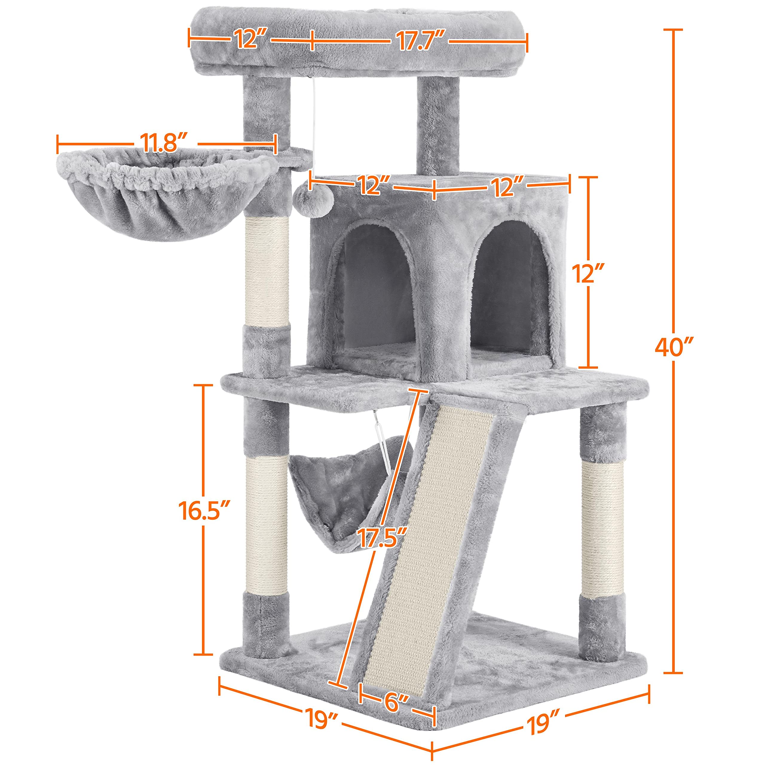 Yaheetech Cat Tree Cat Tower, 40-Inch Cat Condo With Oversized Soft Platform, Scratching Board, Basket And Hammock, Cat Furniture For Kittens Cats Pets, Light Gray