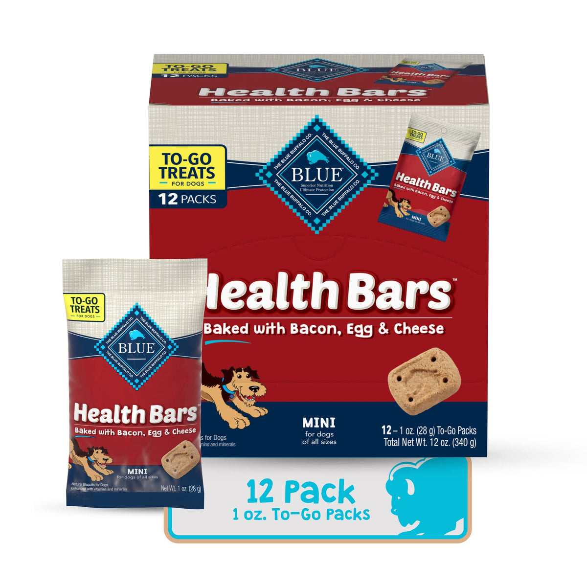 Blue Buffalo Health Bars Natural Crunchy Dog Treats To-Go, Mini Biscuits, Bacon, Egg & Cheese 1-Oz Bags (Pack Of 12)