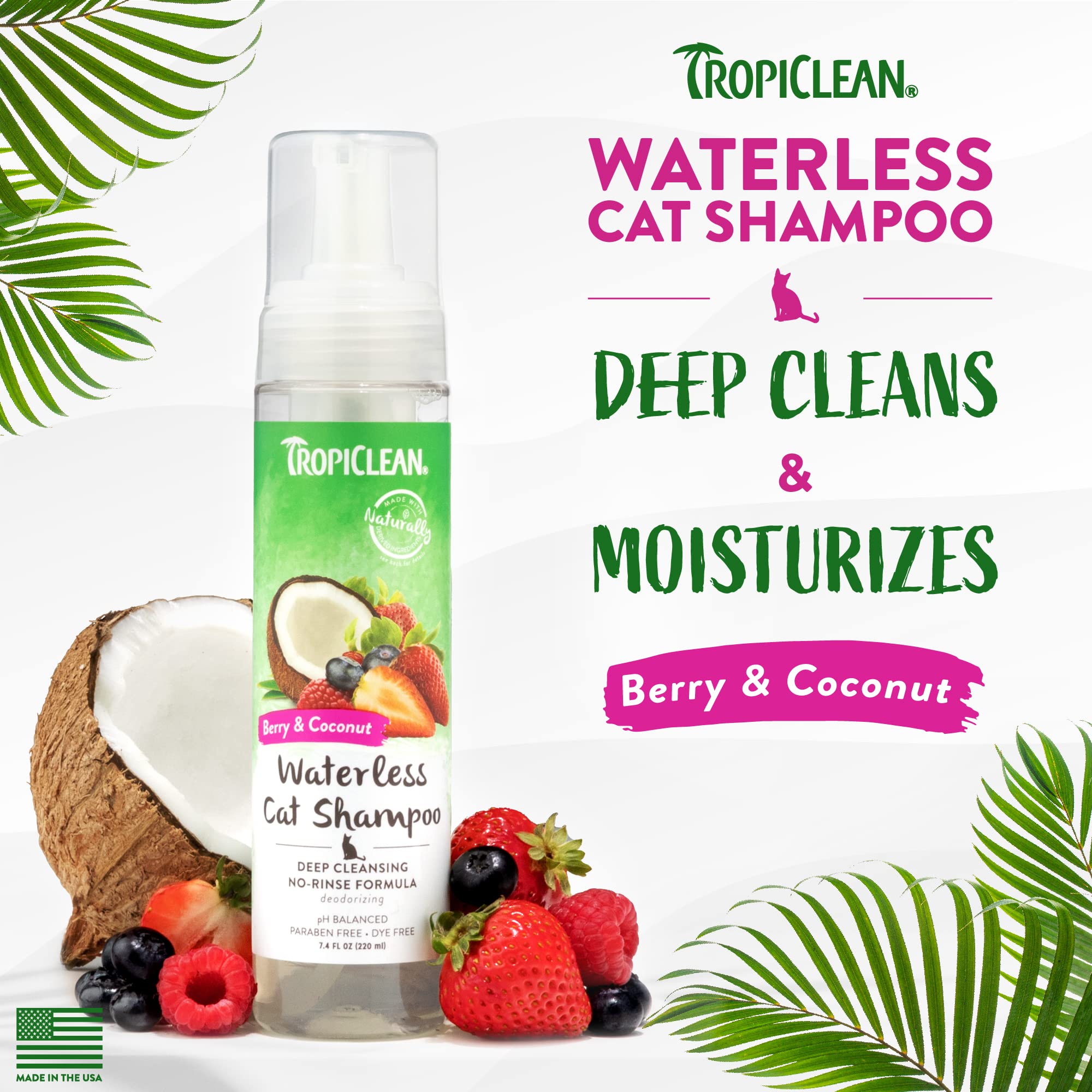 Tropiclean Berry & Coconut Waterless Cat Shampoo | Deep Cleansing Dry Shampoo For Cats | Natural Cat Shampoo Derived From Natura