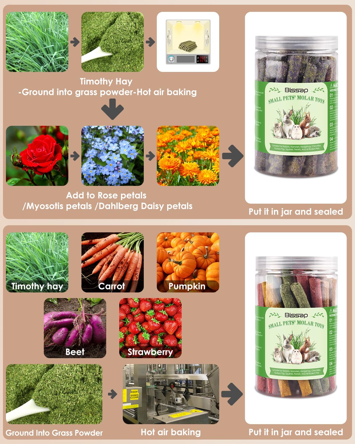 Bissap 72 Pcs Rabbit Chew Sticks, Natural Timothy Hay Pumpkin Sugar Beet Carrot Strawberry Rose Dahlberg Daisy Forget-Me-Not Flo