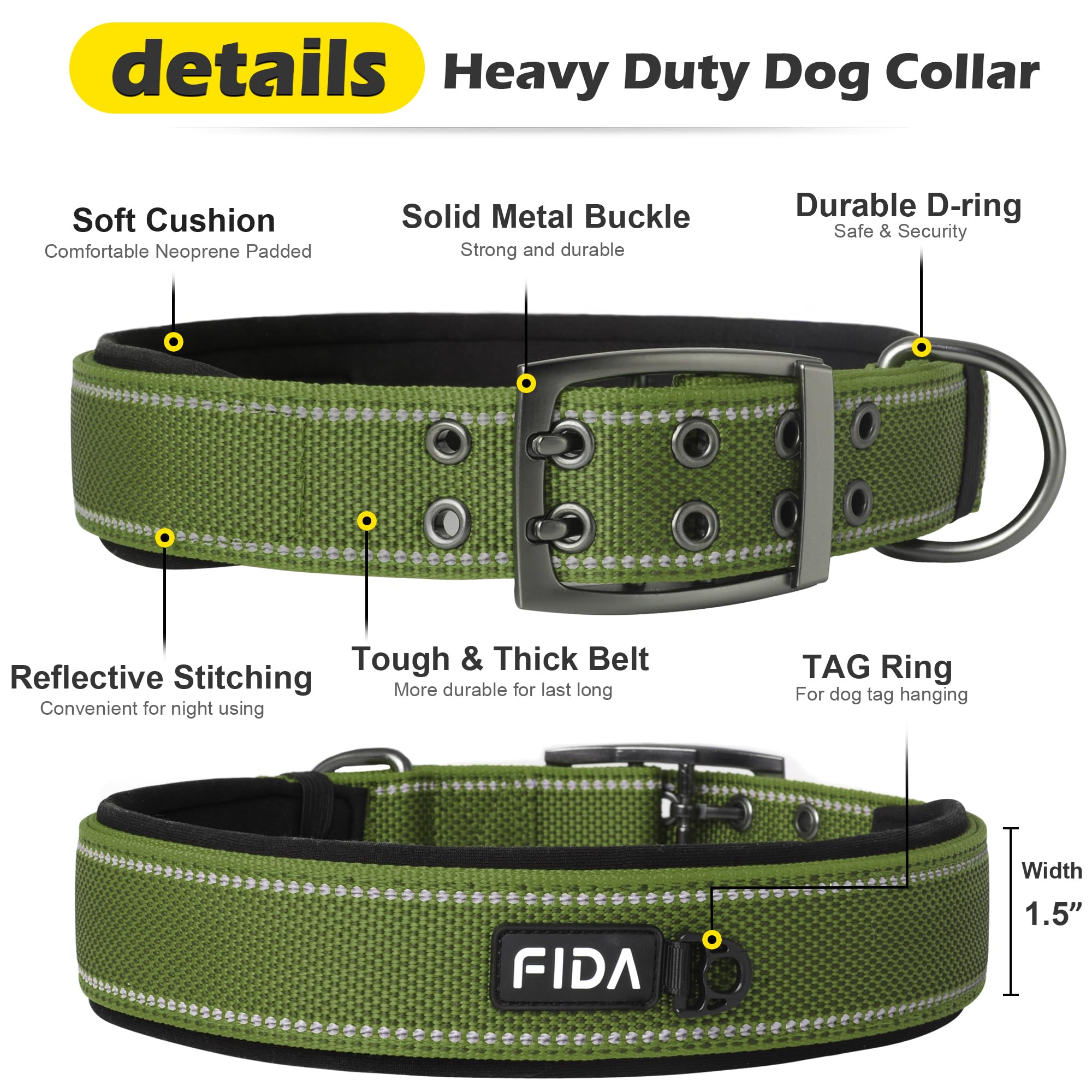 Fida Heavy Dutydog Collar For Large Dogs, Ultra Comfortable Soft Neoprene Padded, Adjustable Reflective Nylon Pet Collar With Du