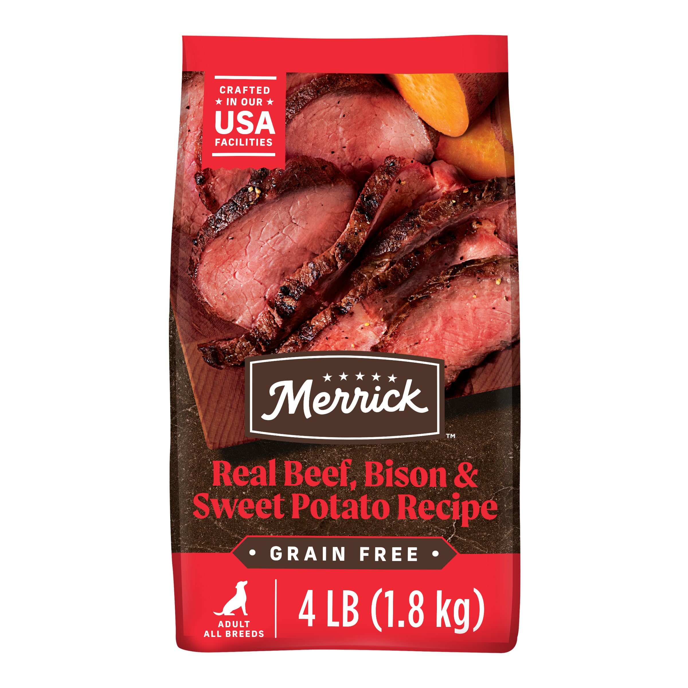 Merrick Premium Grain Free Dry Adult Dog Food, Wholesome And Natural Kibble With Beef, Bison And Sweet Potato - 4.0 lb. Bag