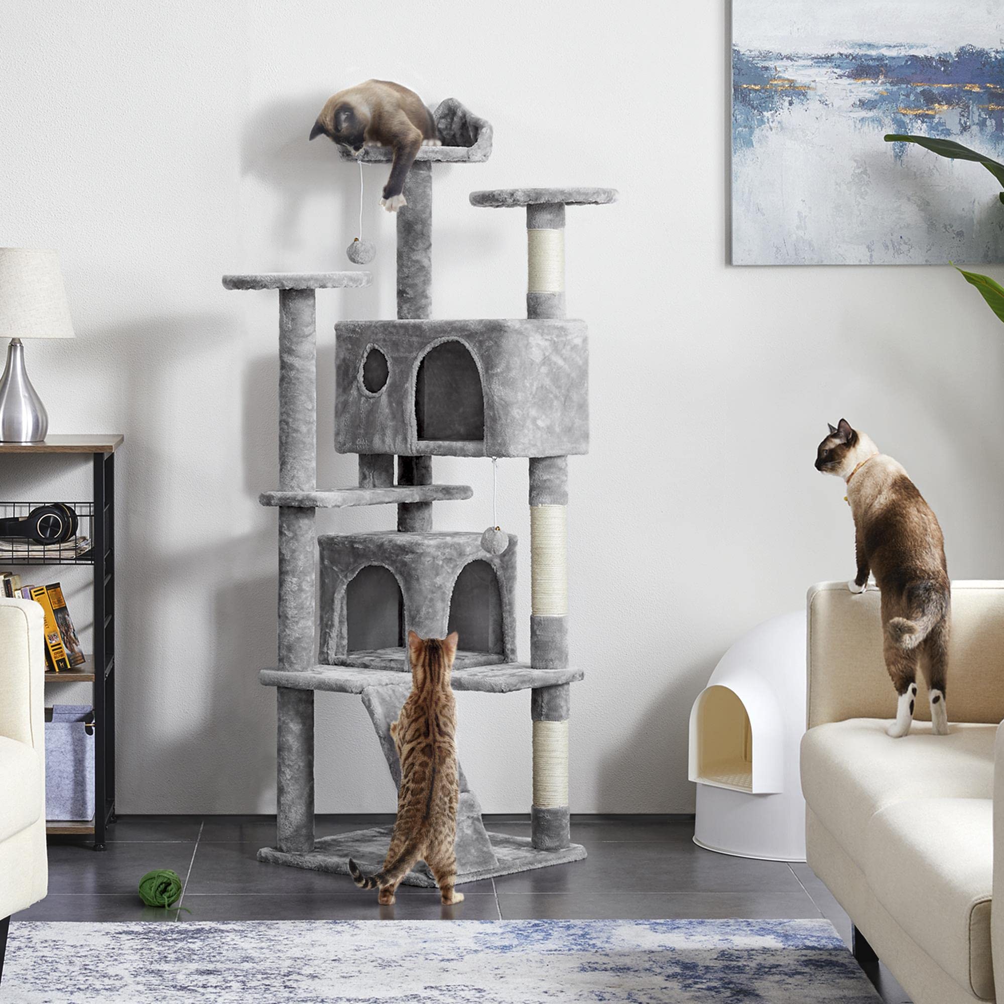 Yaheetech Multi-Level Cat Tree Condo, 61in, Light Gray, Particle Board, Plush, Sisal Scratching Post for Indoor Cats