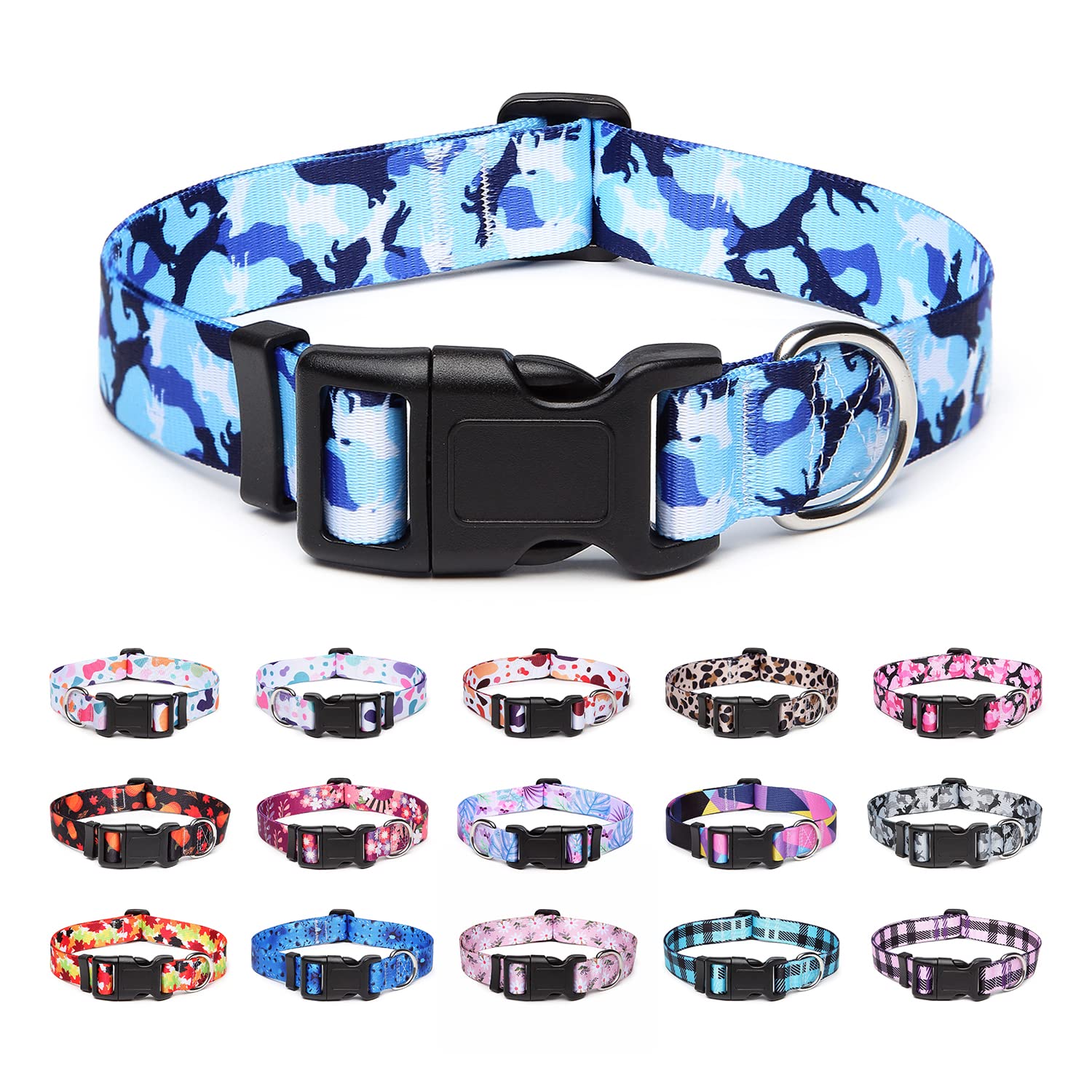 Suredoo Adjustable Dog Collar With Patterns, Ultra Comfy Soft Nylon Breathable Pet Collar For Small Medium Large Dogs (M, Dog Camouflage Blue)