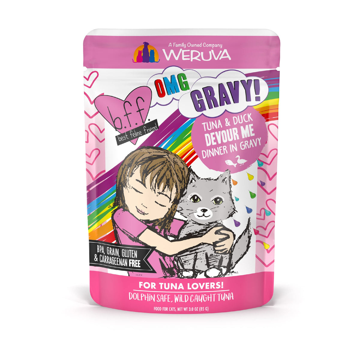 Weruva B.F.F. Omg - Best Feline Friend Oh My Gravy!, Tuna & Duck Devour Me With Tuna & Duck In Gravy Cat Food, 3Oz Pouch (Pack Of 12)