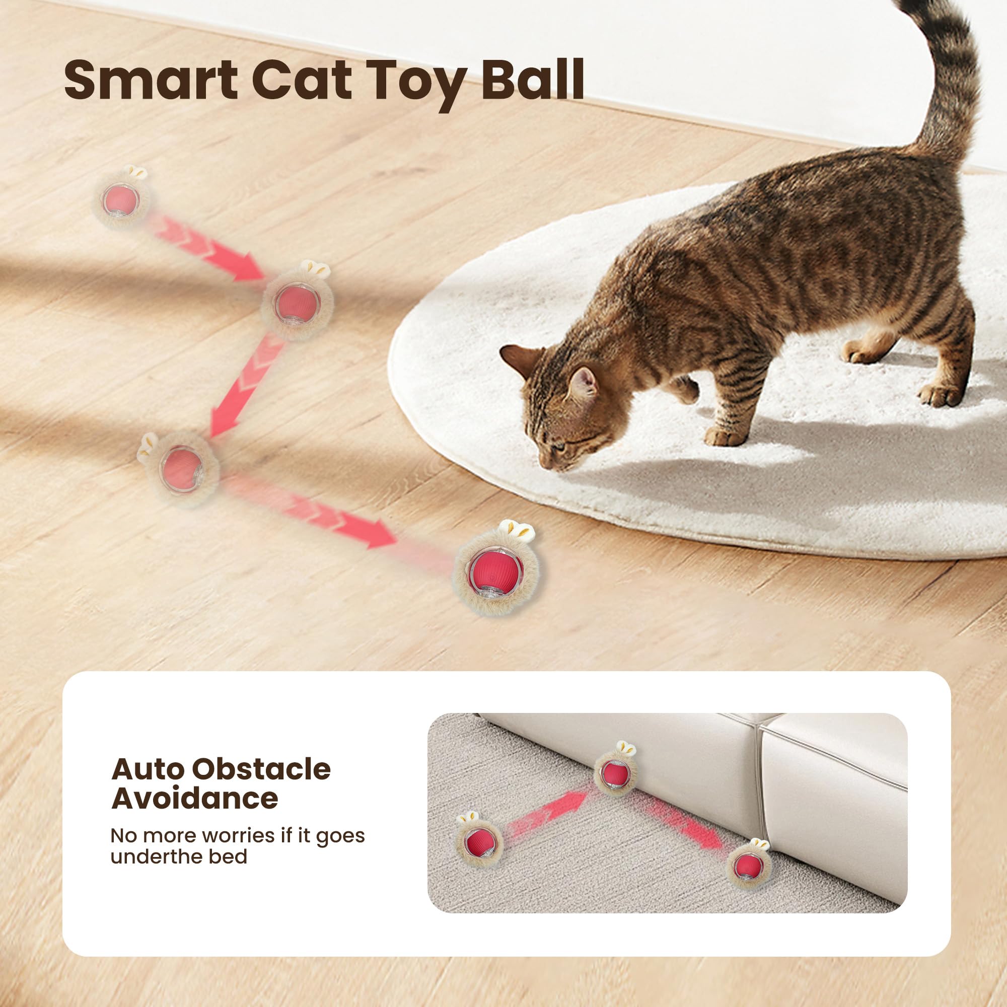Homcolorful Interactive Cat Toys for Indoor Cats, Fast Rolling Ball with Motion Activation, Hide & Seek Chase Game, Rechargeable