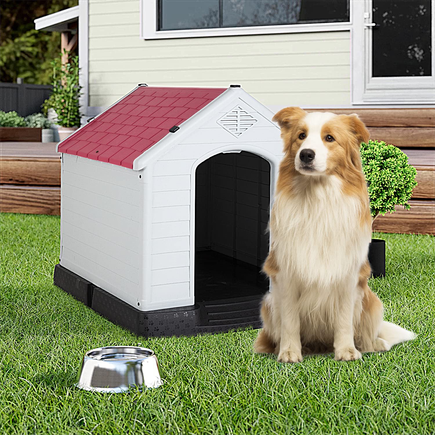 BestPet 32Inch Large Dog House Insulated Kennel Durable Plastic Dog House for Small Medium Large Dogs Indoor Outdoor Weather & W