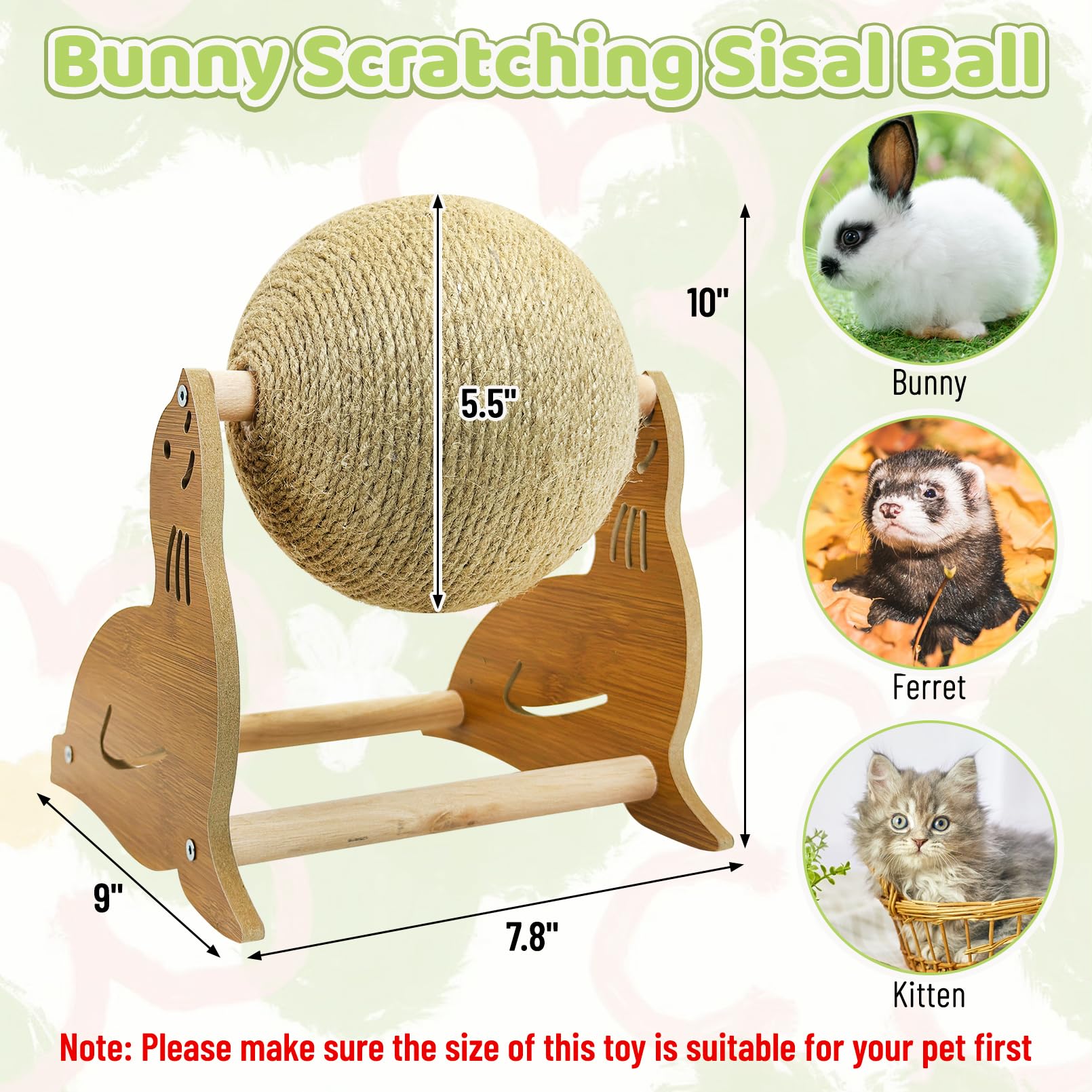 Fhiny Rabbit Scratch Toy, Natural Sisal Bunny Toy Rabbit Scratching Ball Cute Sisal Bunny Claw Scratcher Ball Rabbit Enrichment