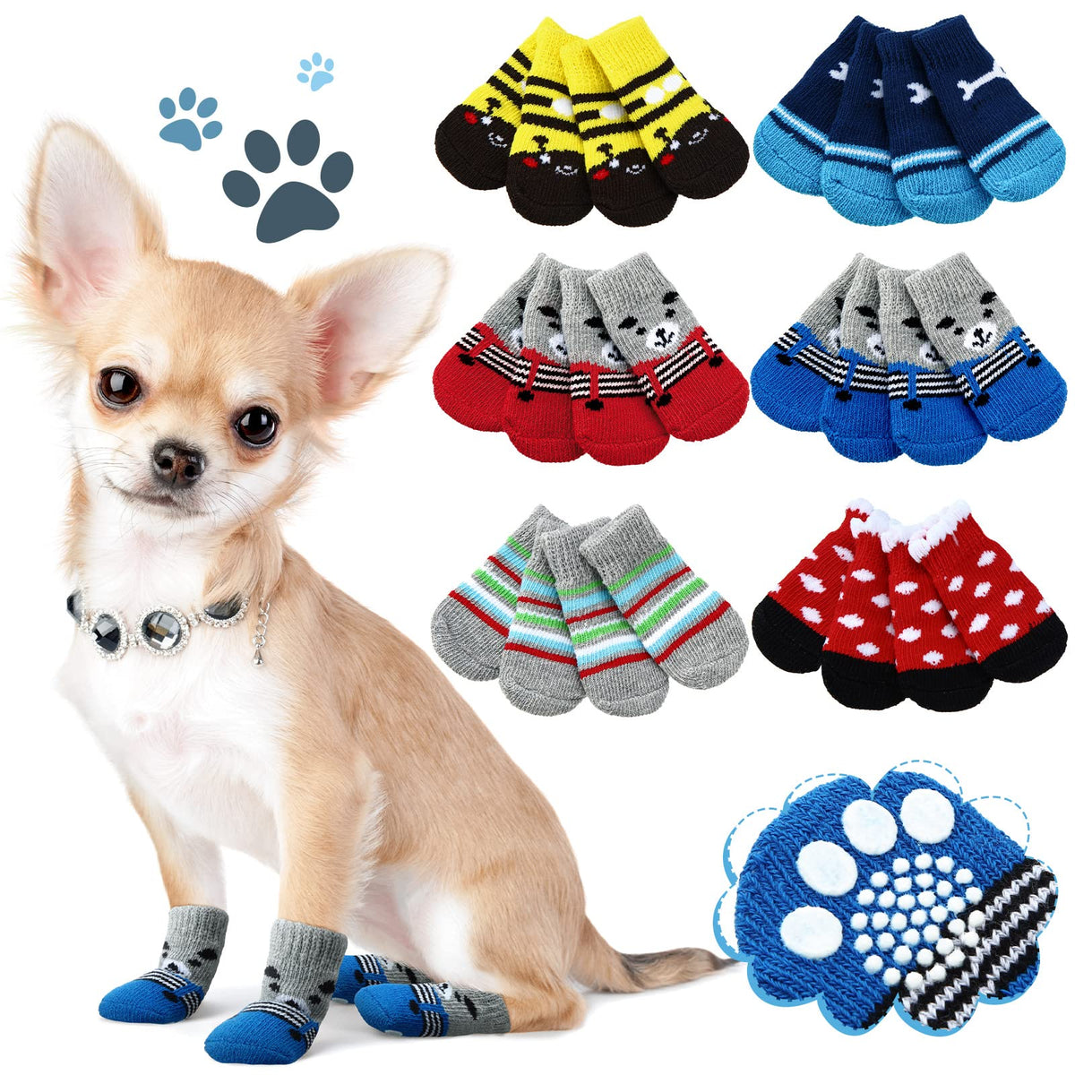 24 Pieces Dog Socks For Small Medium Dogs Non Slip Skid Pet Puppy Doggie Grip Socks Paw Protectors Indoor Traction Control Socks For Hardwood Floor Protection, 6 Styles(Medium)