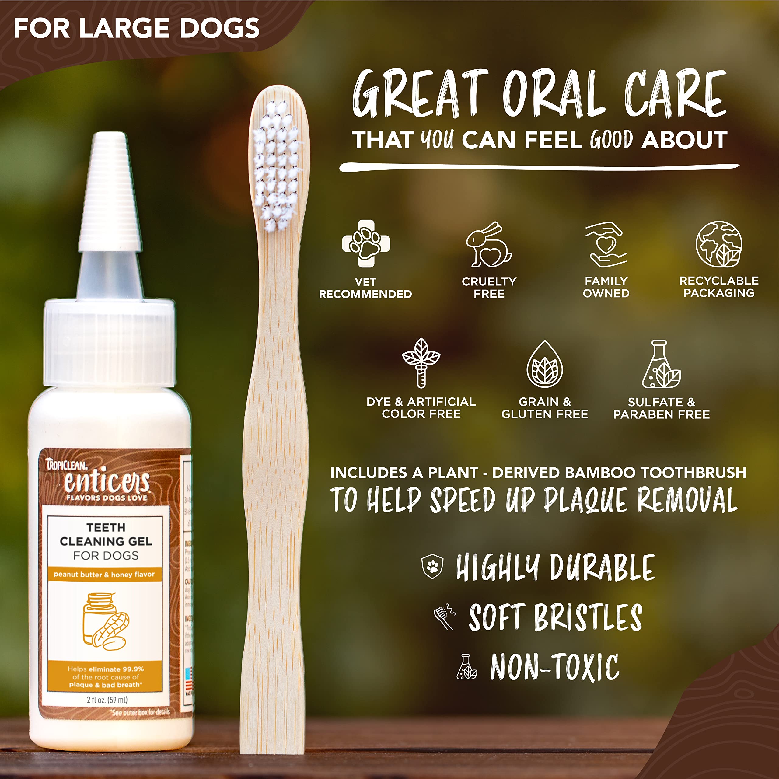 TropiClean Enticers Teeth Cleaning Gel & Toothbrush for Large Dogs | Peanut Butter & Honey Flavor | Bamboo Brush Speeds Up Plaqu