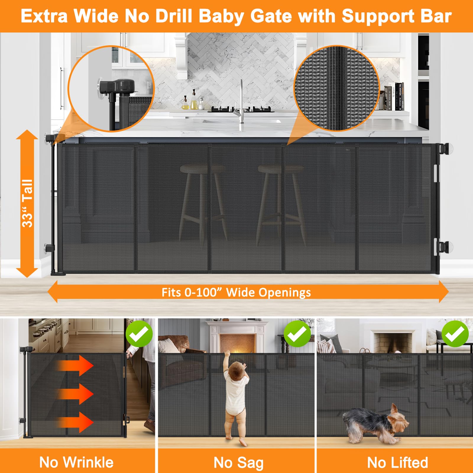 Reinforced No Drilling 100'' Wide Retractable Baby Gates Extra Wide Dog Gate with Support Bars Mesh Baby Gate No Drill Retractab