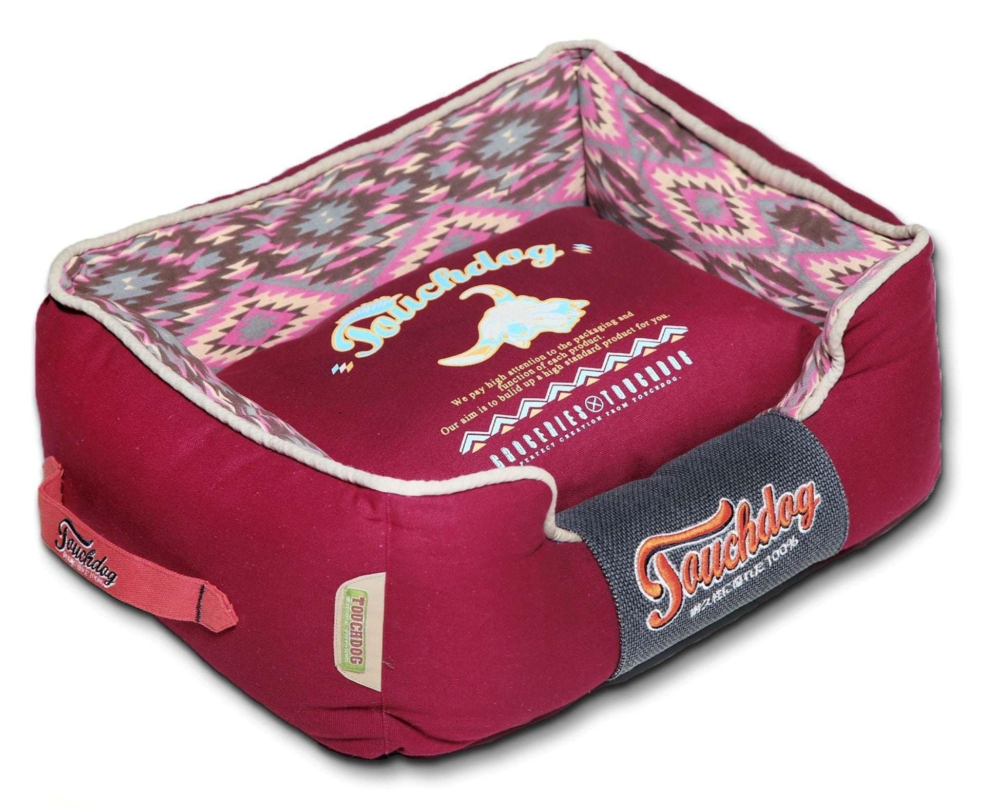 Touchdog 70S Vintagetribal Diamond Patterned Ultraplush Rectangularboxed Pet Dog Bed Lounge, Medium, Sangria Pink