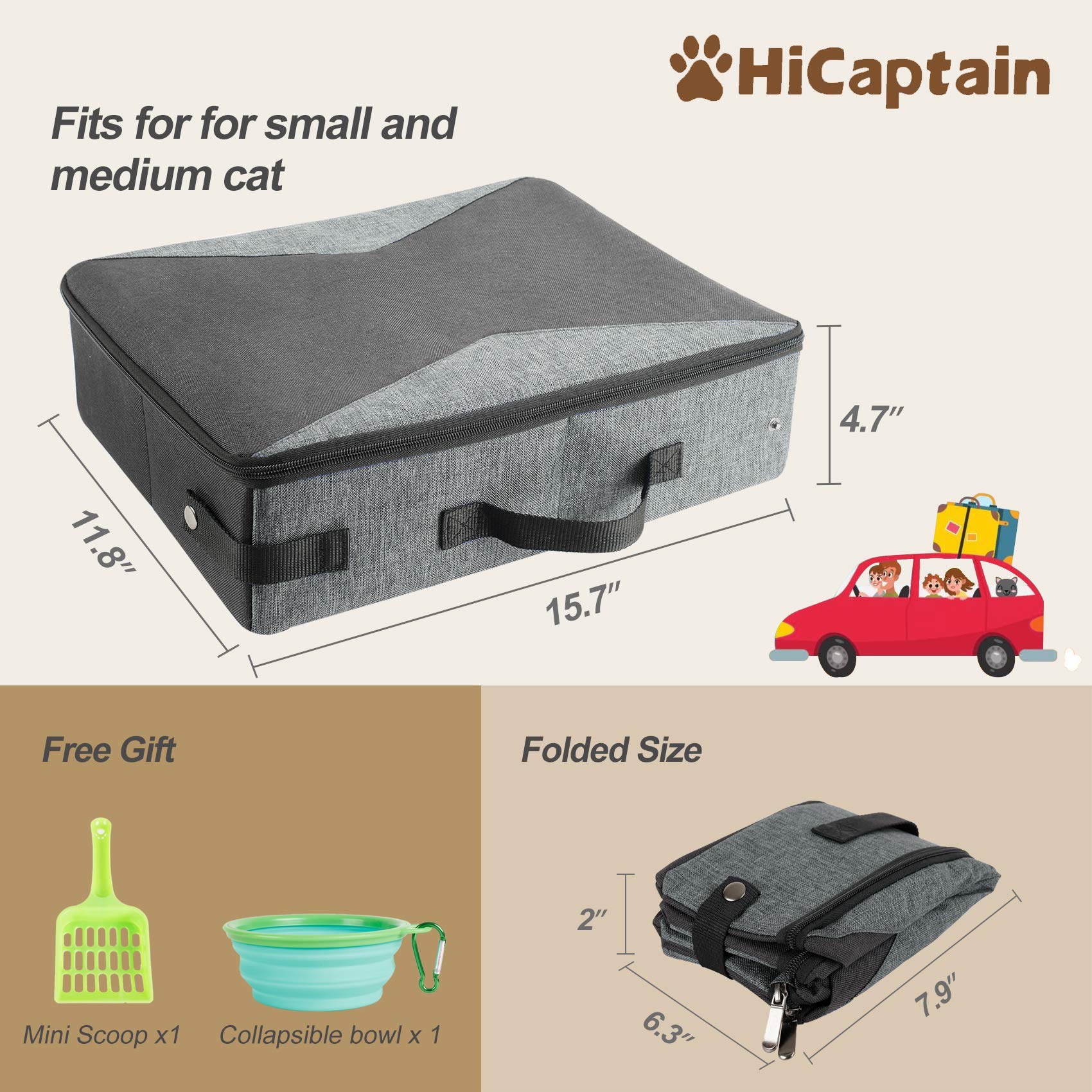 Hicaptain Portable Litter Box For Cats, Cat Travel Litter Box With Lid And Handle Standard Portable Collapsible Litter Carrier For Cat (M,Black/Gray)