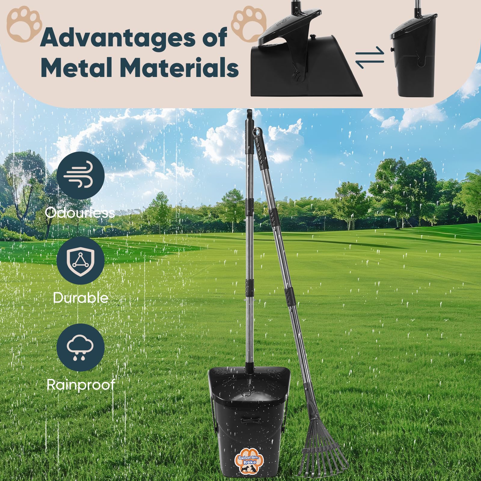 Ulugt Stainless Steel Dog Pooper Scooper,40'' Long Handle Swivel Bin And Rake,20 Waste Bags - Heavy Duty Portable Metal Poop Sco