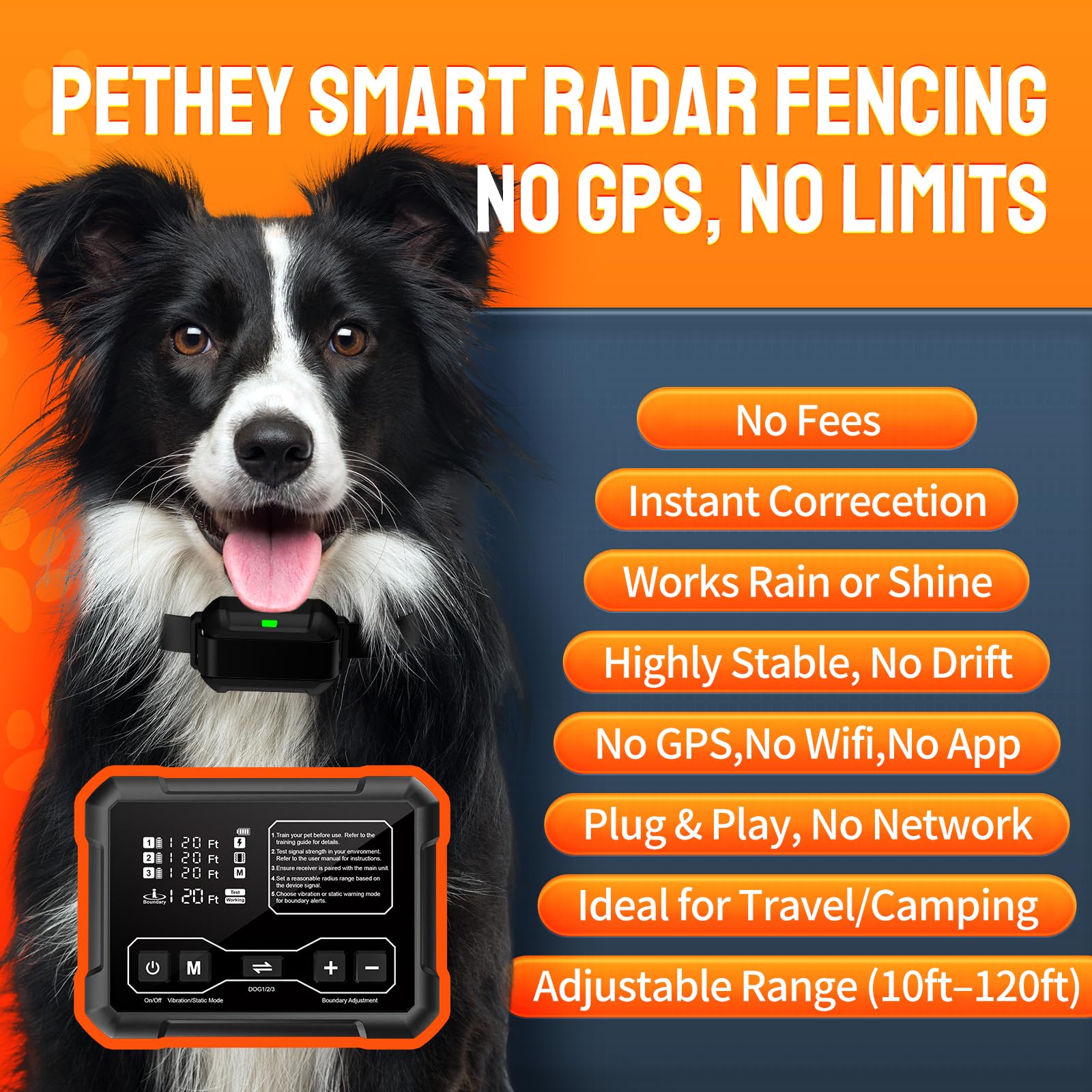 Pethey Wireless Dog Fence System, Indoor & Outdoor Use, 1 Acre High-Precision Radar Wireless Dog Fence, Real-Time Monitoring, 9-