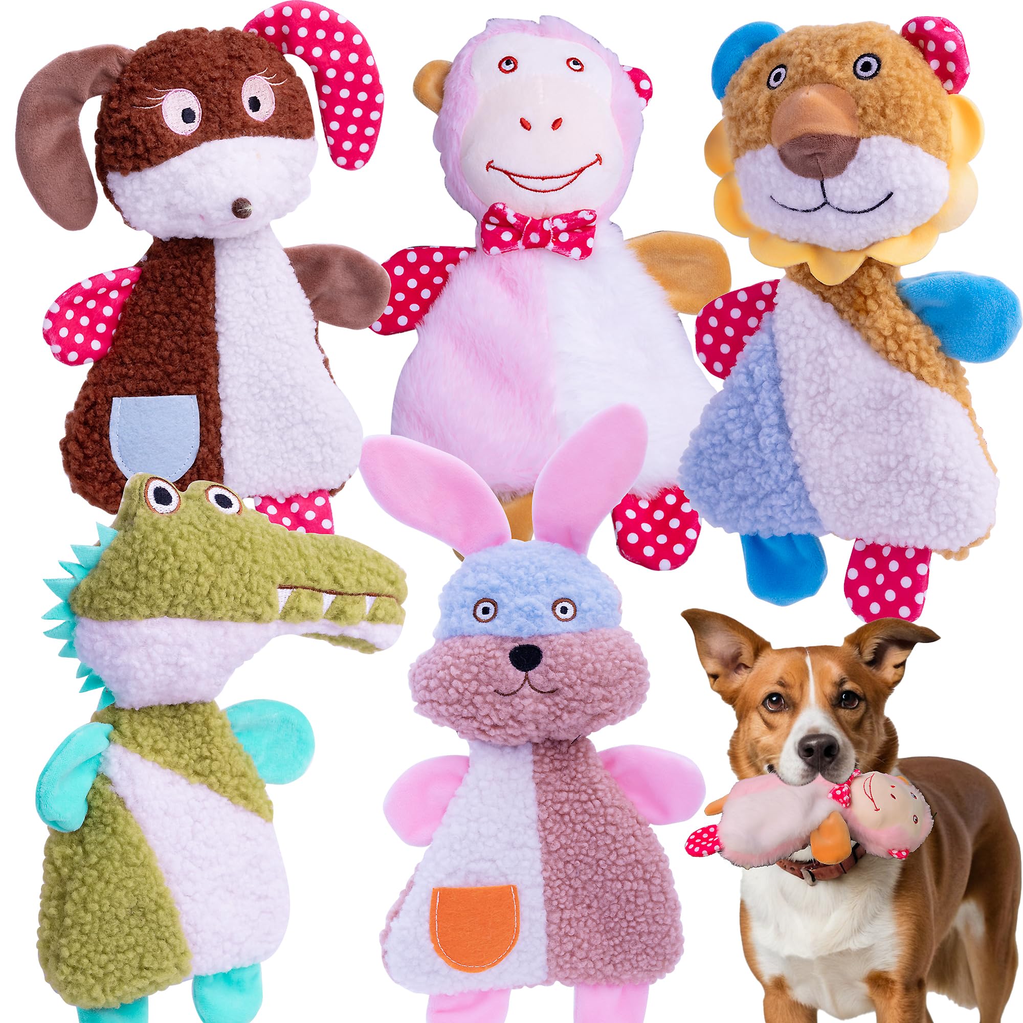 YUNKINGDOM Big 5 Pack Dog Squeaky Toy for Keep Them Busy,Multipack Stuffed Crinkle Puppy Dog Toys Bundle,Chewing Dog Toys for Te
