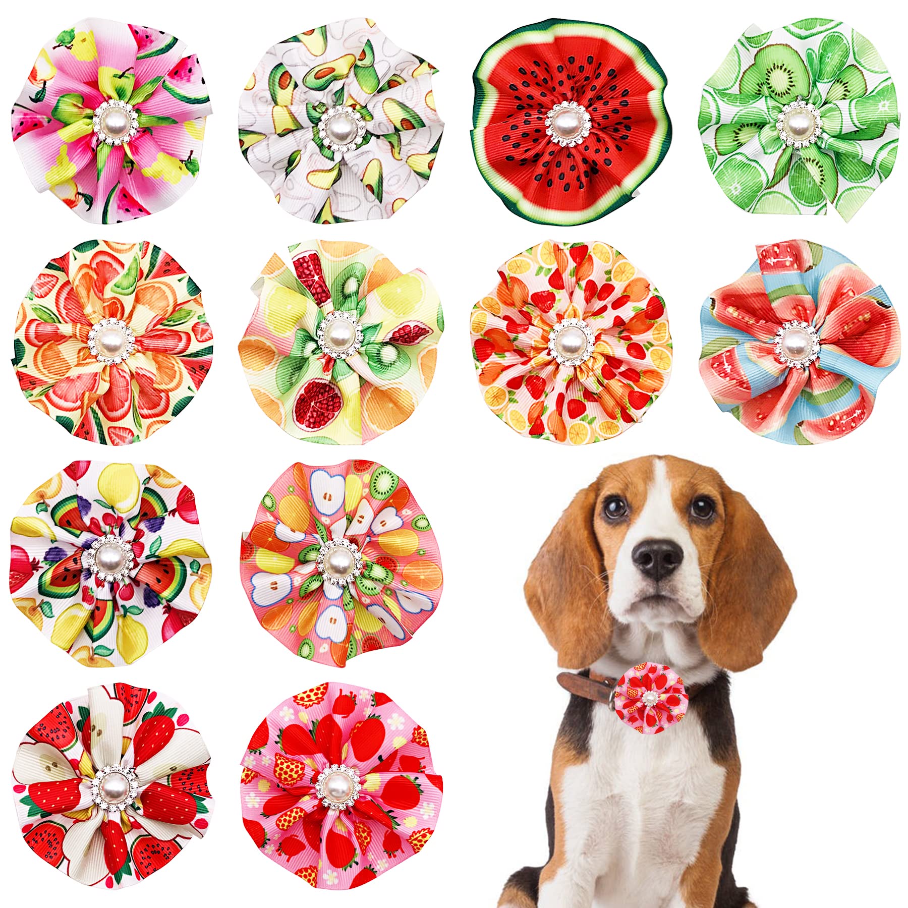 Jpgdn 12Pcs Dog Collar Flowers Bows Attachment Sliders Summer Fruit For Small Medium Girl Female Cat Puppy Alpaca Rabbit Neck Bo