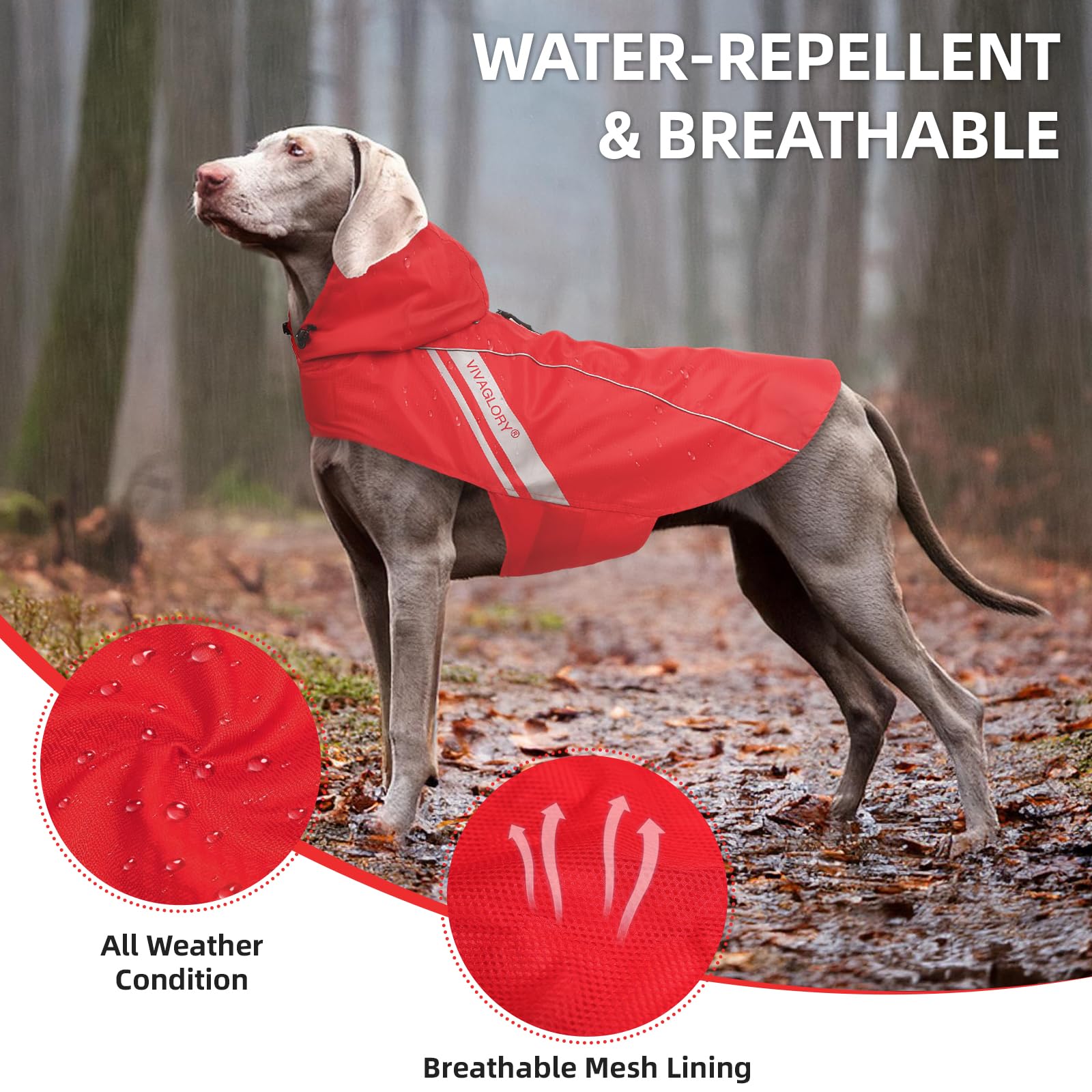 VIVAGLORY Dog Raincoat for Large Dogs, Easy on & Off Pet Rain Clothes, Reflective Lightweight Breathable Dogs Safety Vest Jacket