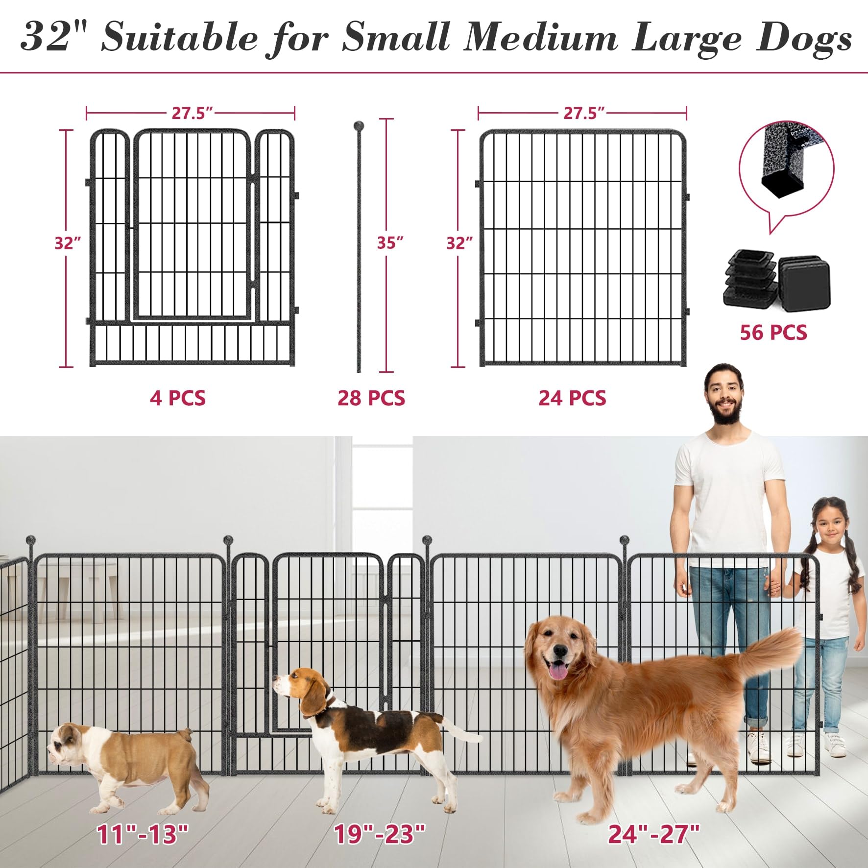 Jhsomdr Dog Playpen 32 Inch 28 Panels Indoor Outdoor Dog Pen For Medium/Small Dogs Heavy Duty Metal Dog Fence Outdoor For Yard,