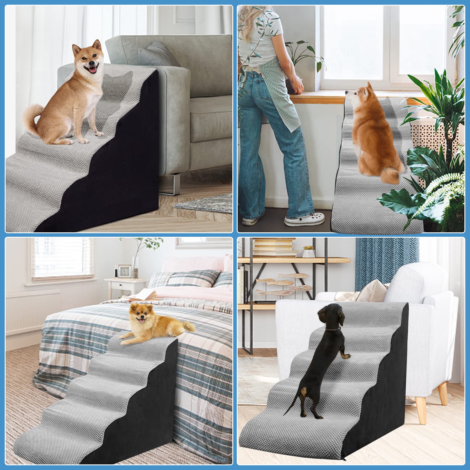 MALOROY Dog Stairs for High Beds 24-26 inches Tall, 5-Step Dog Steps for Puppies for Bedsides Climbing, 30D Foam Pet Stairs Step
