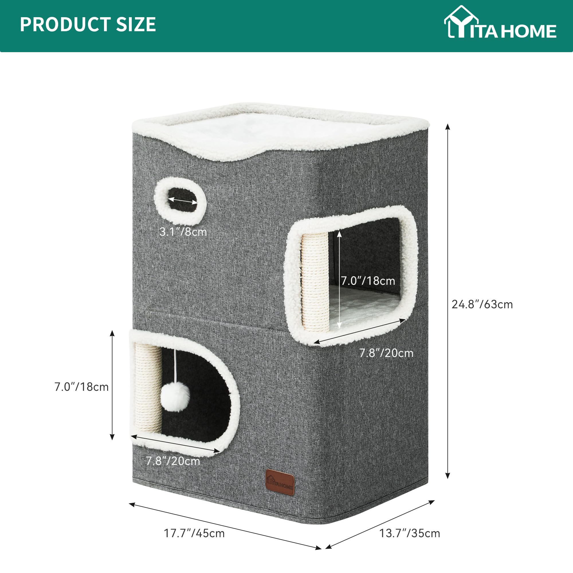 YIATHOME 2 Storey Cat House, Cat Beds for Indoor Cats, Small Cat Condo with Scratch Post and Hideaway Cave, Modern Cat Cube Play
