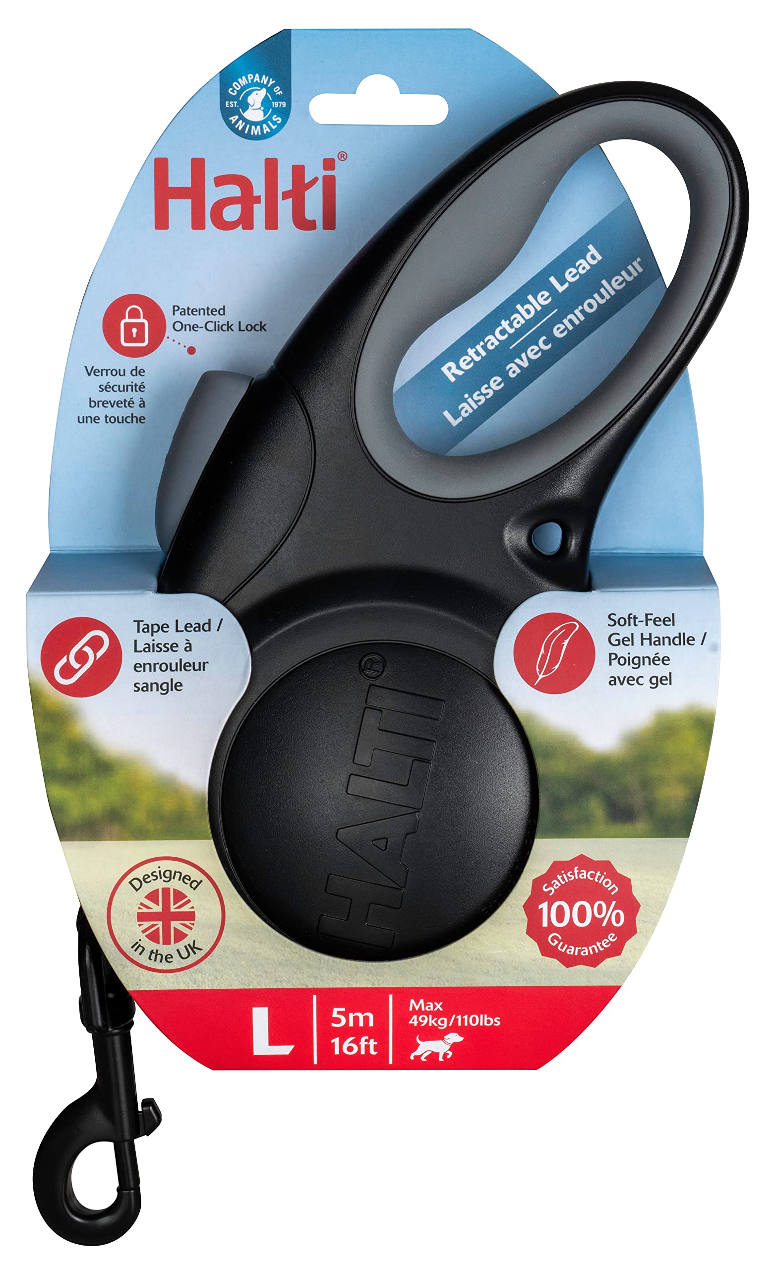 Halti Retractable Leash For Dogs - Strong & Reflective Extendable Leash, Soft Gel Grip Handle, Easy To Use Brake & Lock. Suitable For Large (Size Large, Black, 3M)
