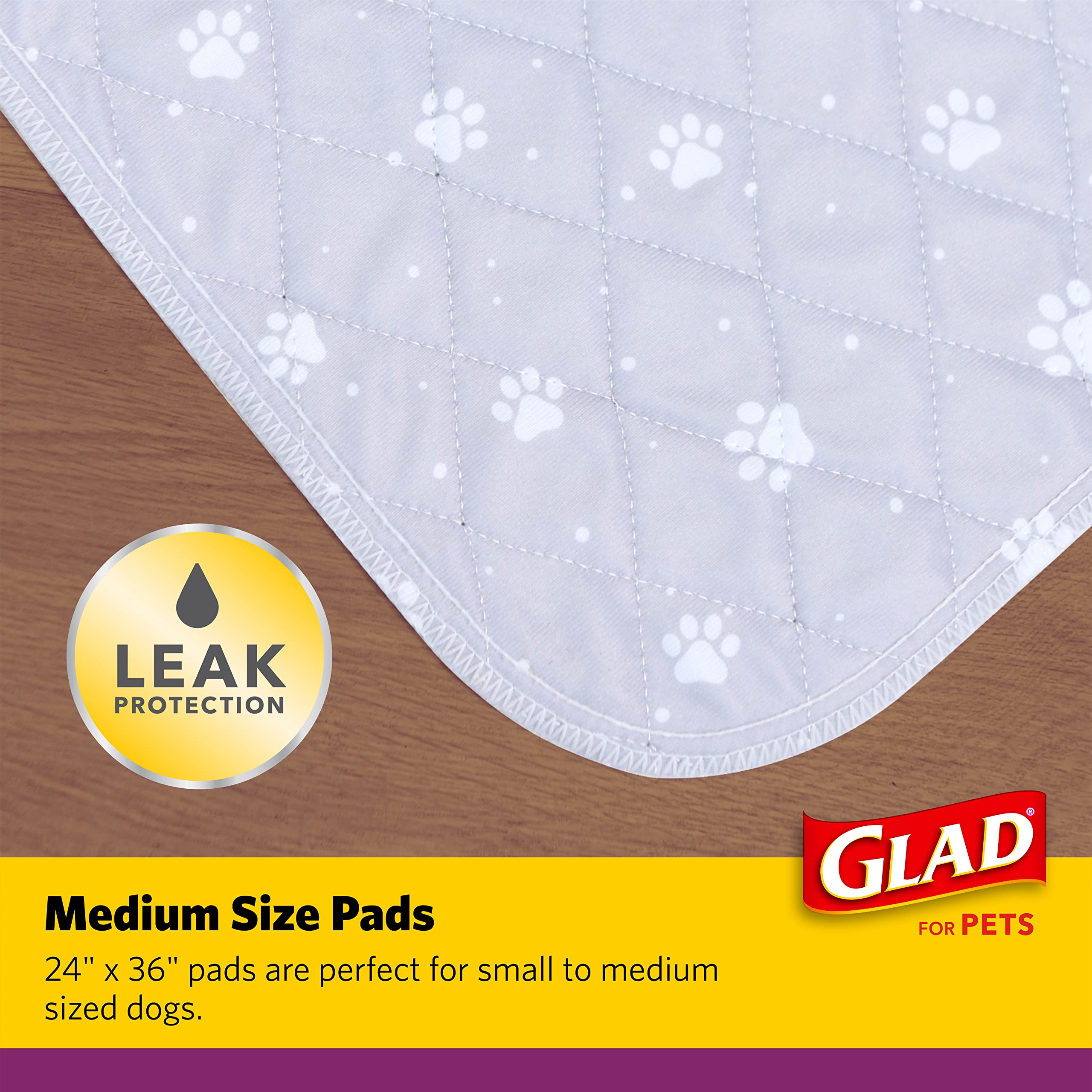 GLAD for Pets Washable Training Pads, Medium Size (24   x36   ), 2 Pack Gray with Paw Prints| Re-usable Cloth Dog Training Pads