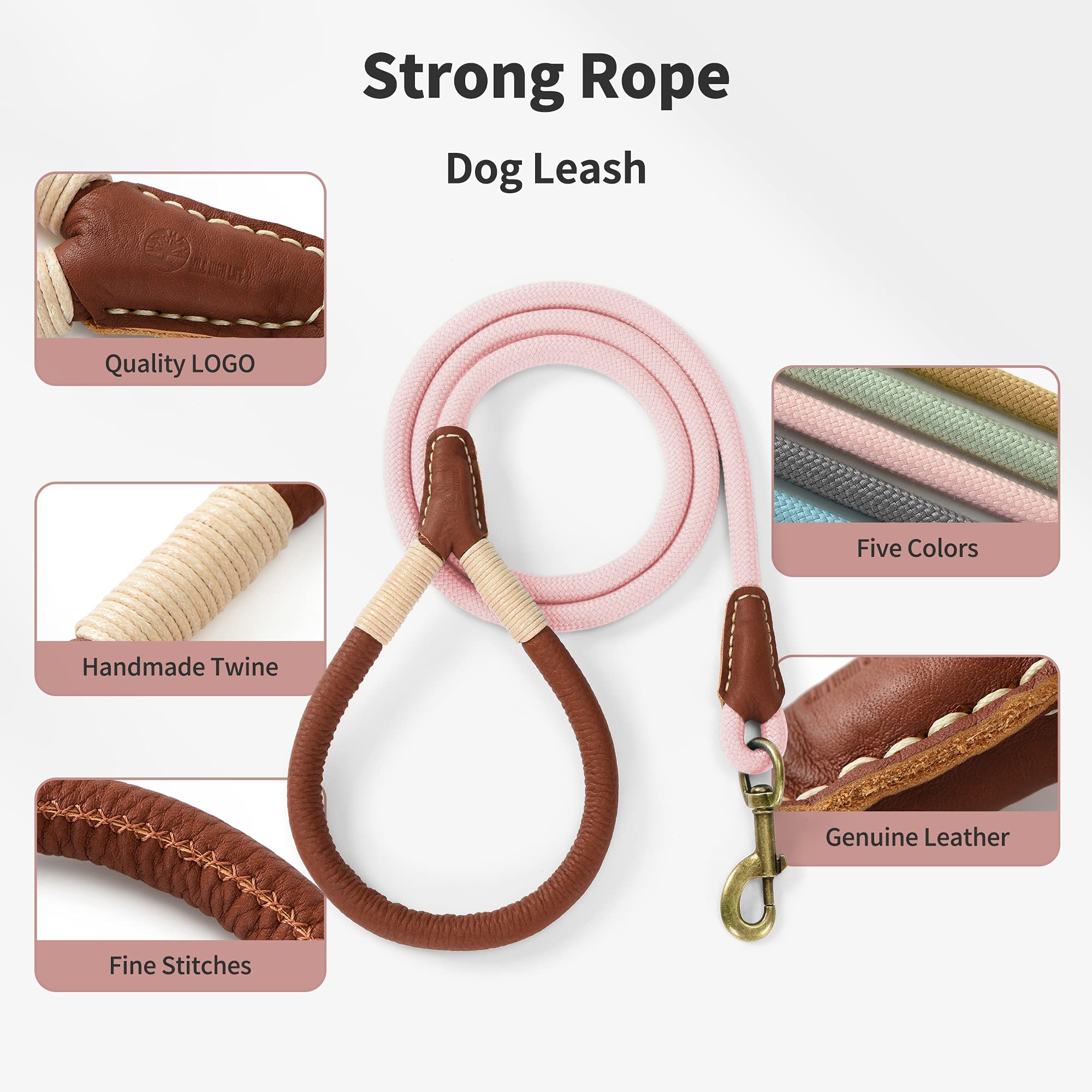 Mile High Life | Premium Leather Dog Leash | Strong Rope Dog Leash | Leather Handle | Heavy Duty Clasp | Small Medium Large Dogs | Diameter 1/2' (Pink, 4 Feet)