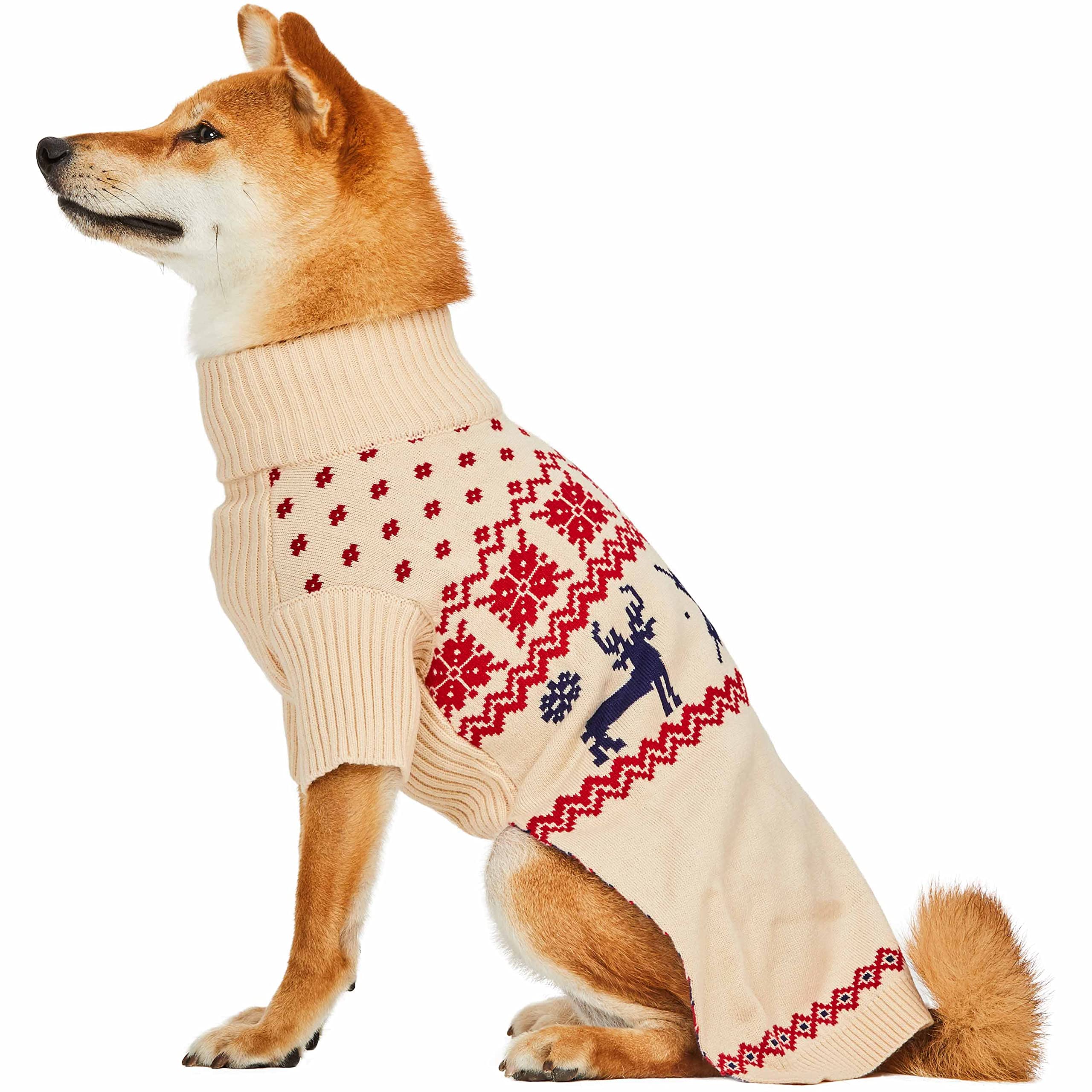 Blueberry Pet Christmas Reindeer And Snowflake Dog Sweater In Light Beige, Back Length 16', Pack Of 1 Clothes For Dogs