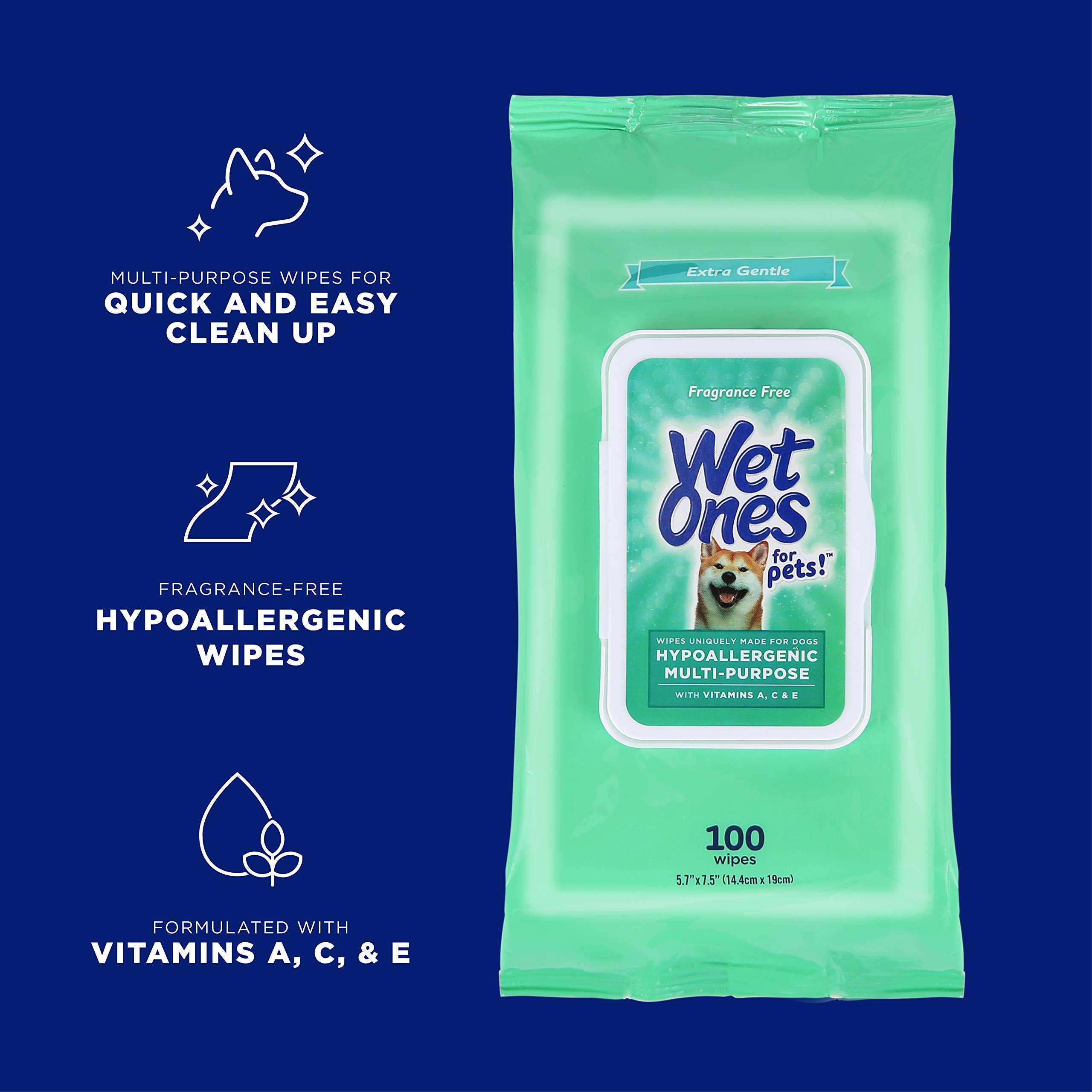 Wet Ones For Pets Hypoallergenic Multi-Purpose Dog Wipes With Vitamins A, C & E, 100 Ct - 12 Pack | Fragrance-Free Hypoallergeni
