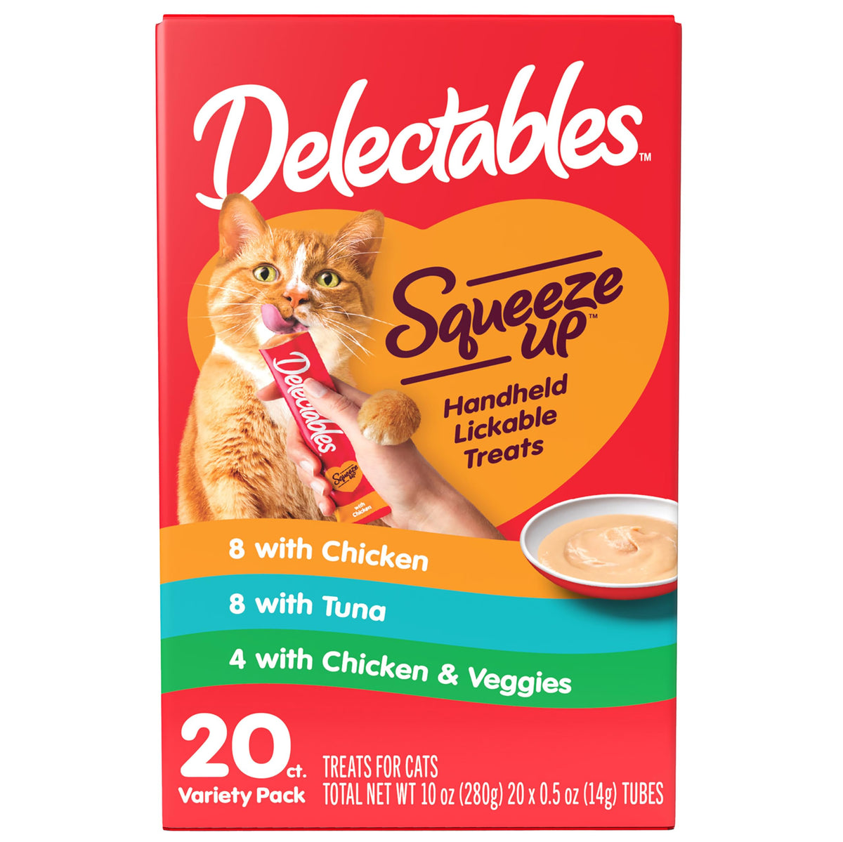 Delectables Squeeze Up Variety Pack, Creamy Squeezable Puree, Lickable Wet Cat Treats, Grain Free, No Added Fillers, No By-Products, No Added Preservatives, 0.5 Ounces Tube, 20 Tubes Total