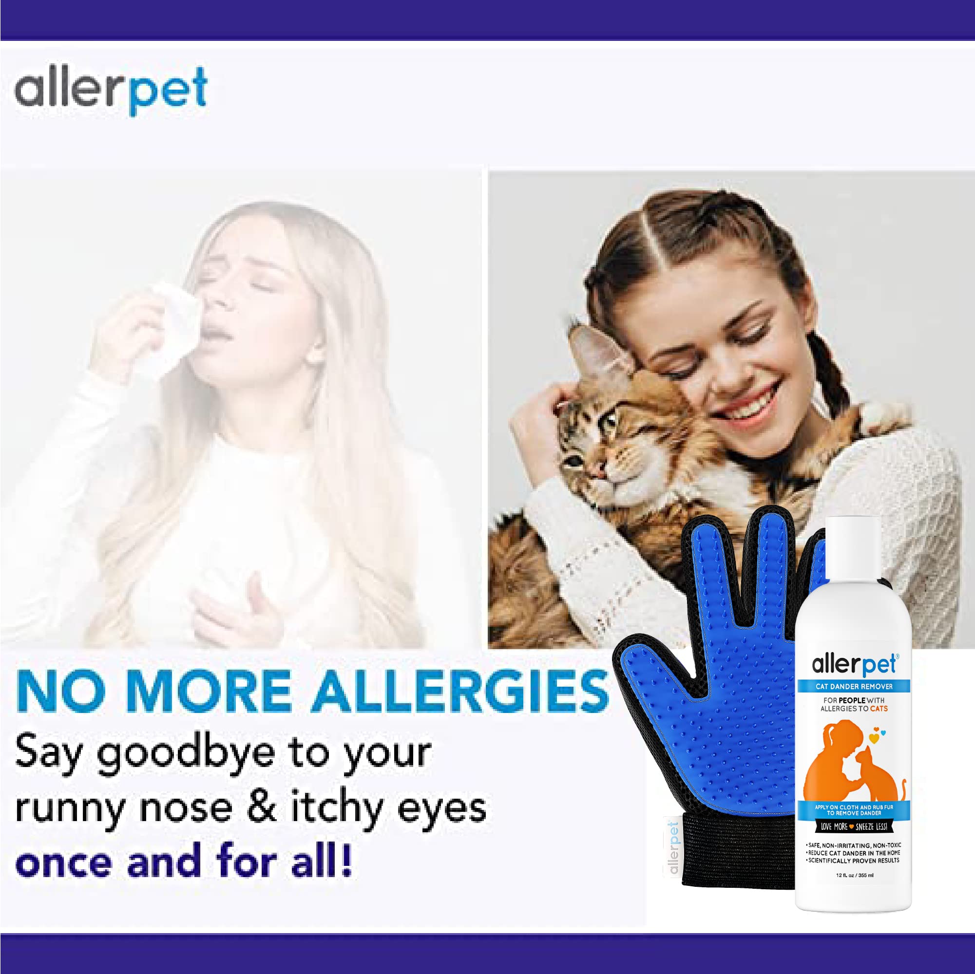 Allerpet Cat Dander Remover W/Free Pair Of Grooming Gloves And Mitt - Effective Cat Dander Reduction, Anti Allergen Solution Made In Usa - (12Oz)