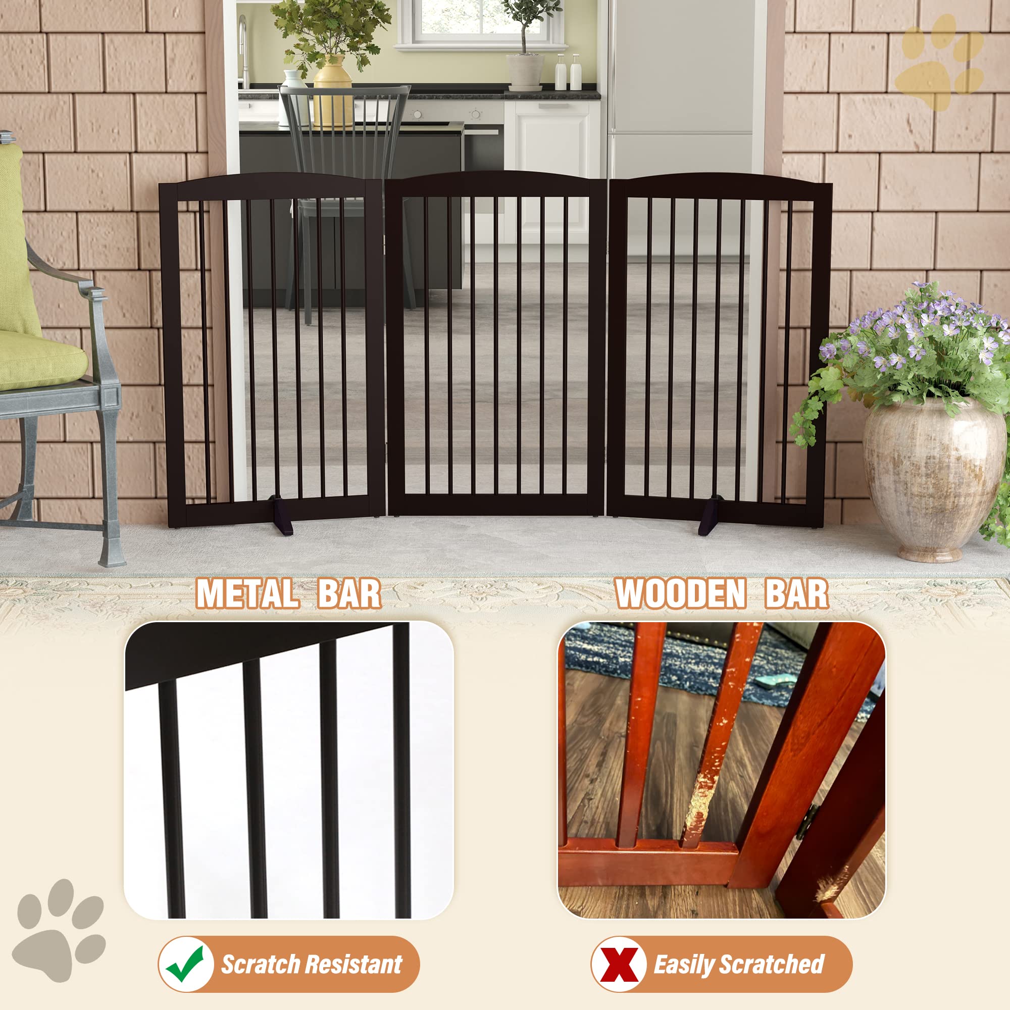 Pupetpo Freestanding Pet Gate For Dogs, Foldable Wooden Dog Gate For House Indoor, Tall Dog Gate For Stair, Doorway,Hall, Step Over Pet Puppy Safety Fence, 3 Panels 32'',Brown