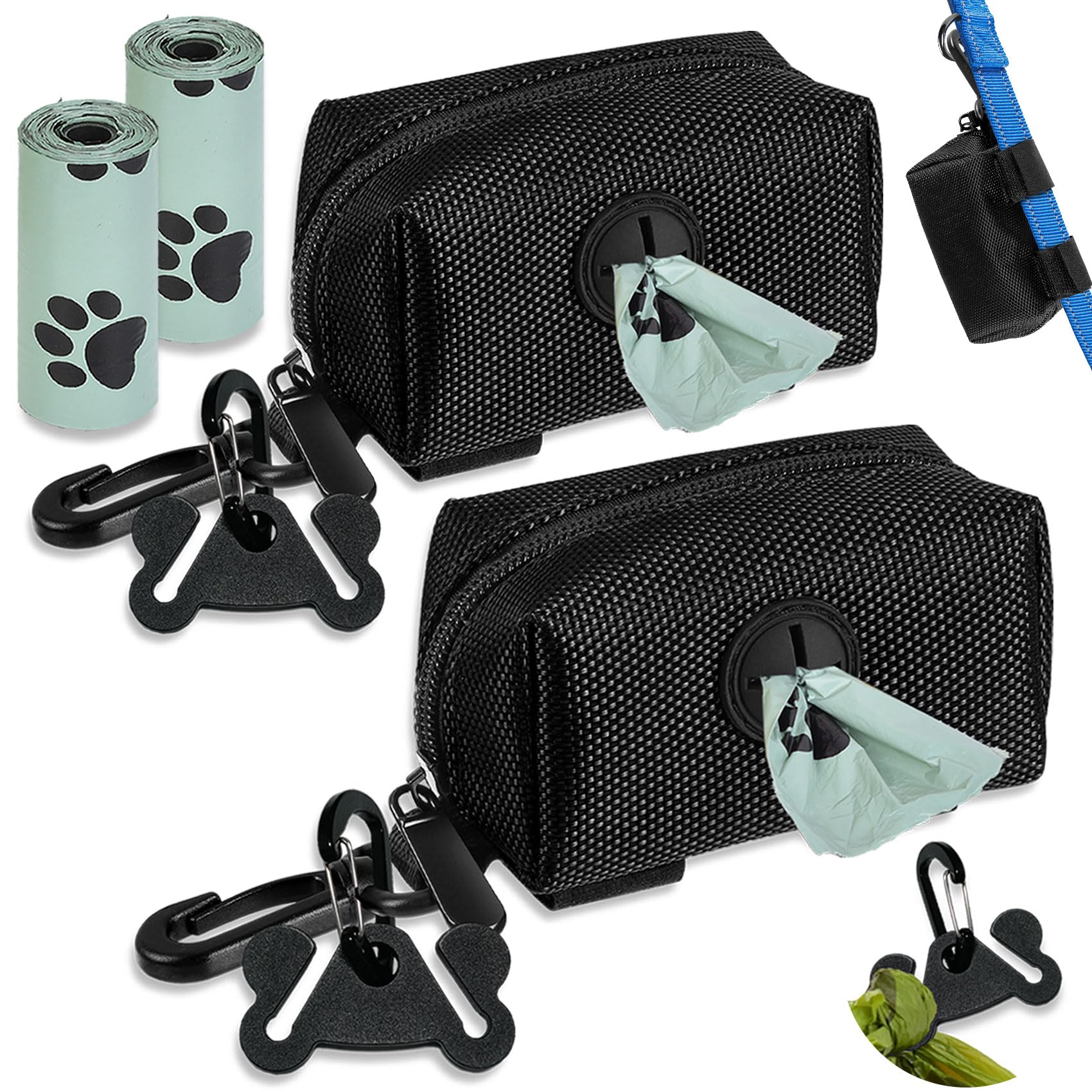 Hilihali Dog Poop Bag Dispenser For Leash Accessory, 2 Packs (Black), 16 Rolls, Hand Free Holder & Bag, Fits Dog Leash, Animal W