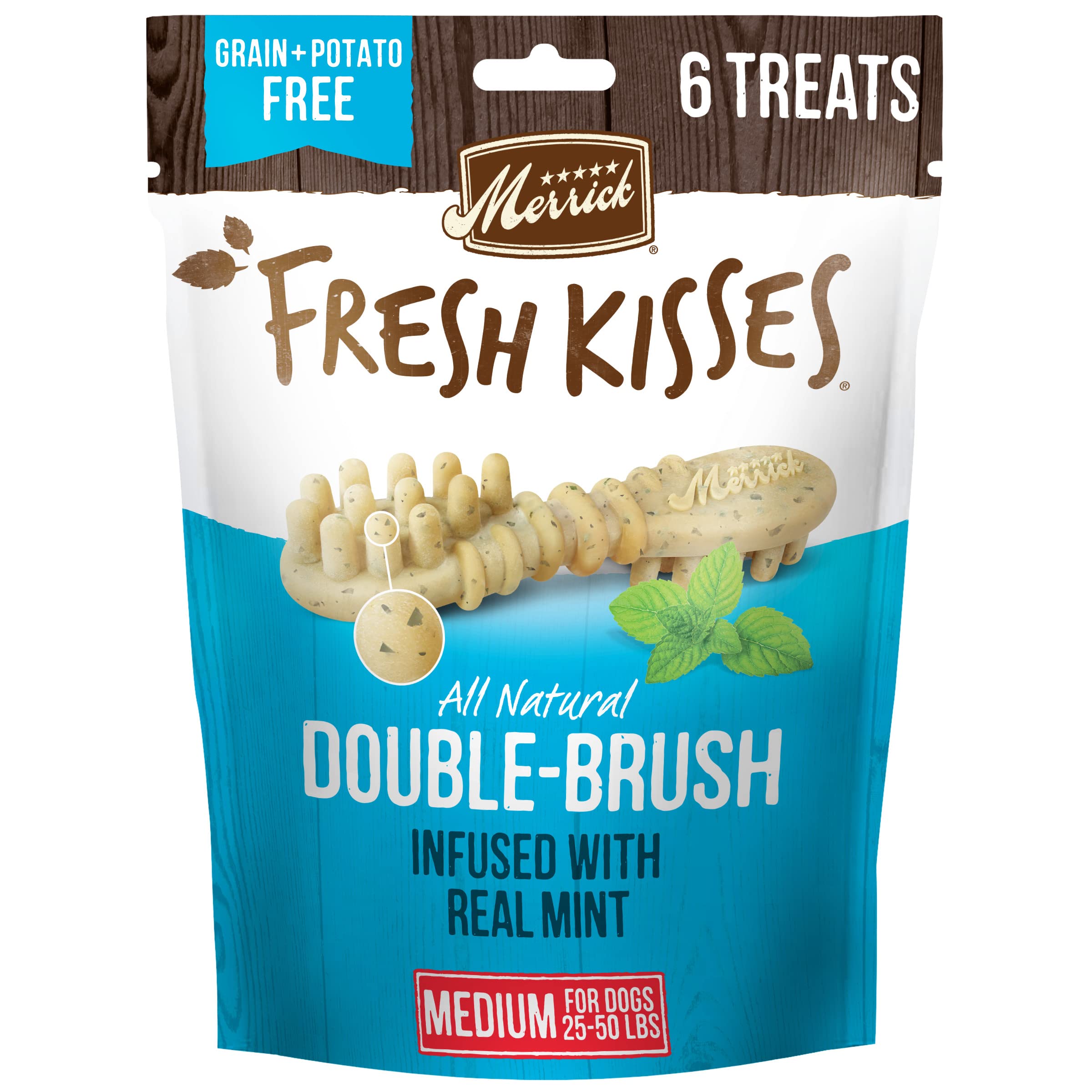 Merrick Fresh Kisses Natural Dental Chews Toothbrush Shape Treat Infused With Real Mint Medium Dogs - 6 ct. Bag